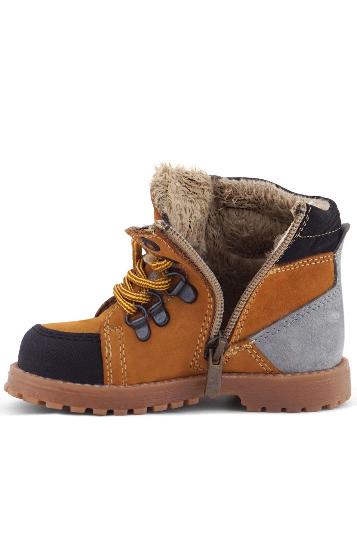 Hakiki Deri Sarı Gri Bağcıklı Fermuarlı Çocuk Bot - Görsel 6