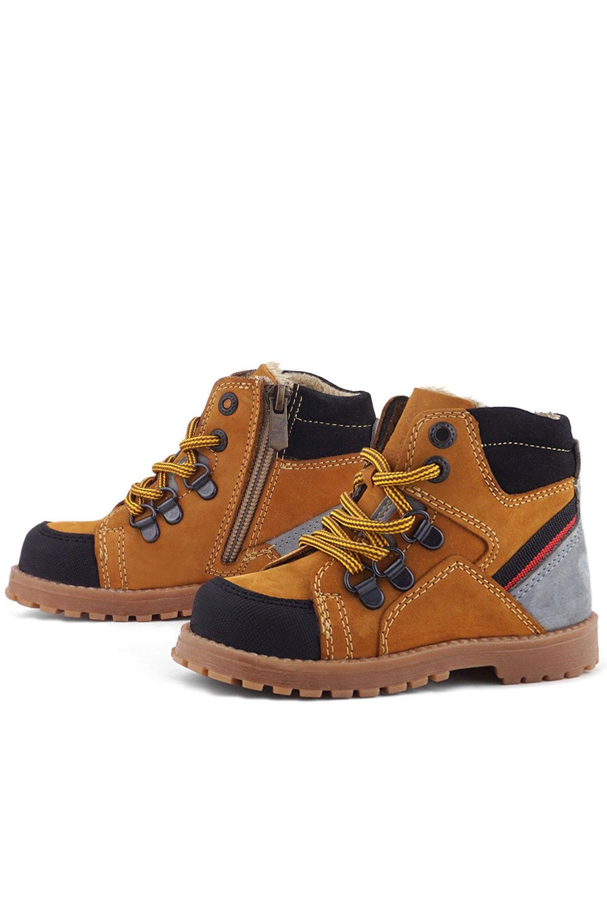 Hakiki Deri Sarı Gri Bağcıklı Fermuarlı Çocuk Bot - Görsel 7