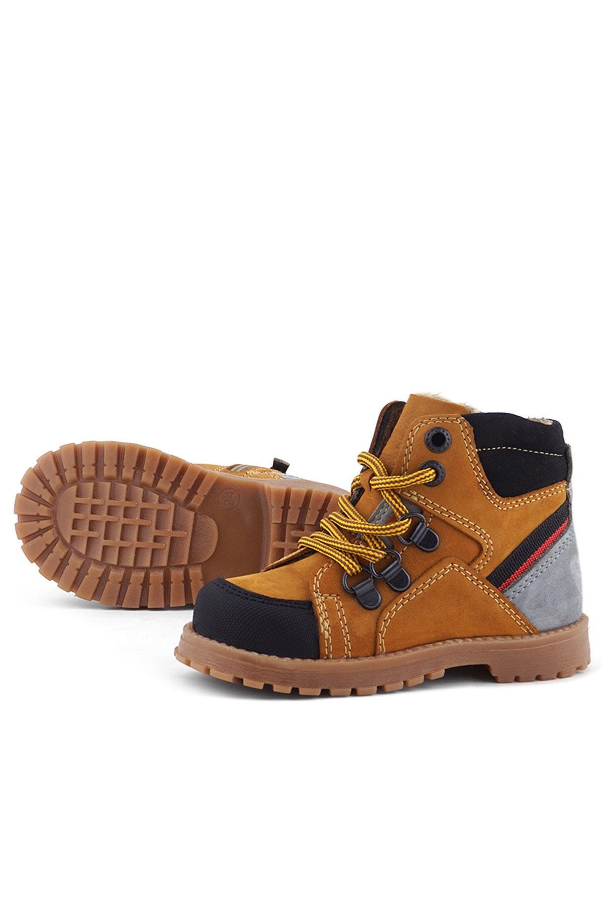 Hakiki Deri Sarı Gri Bağcıklı Fermuarlı Çocuk Bot - Görsel 8