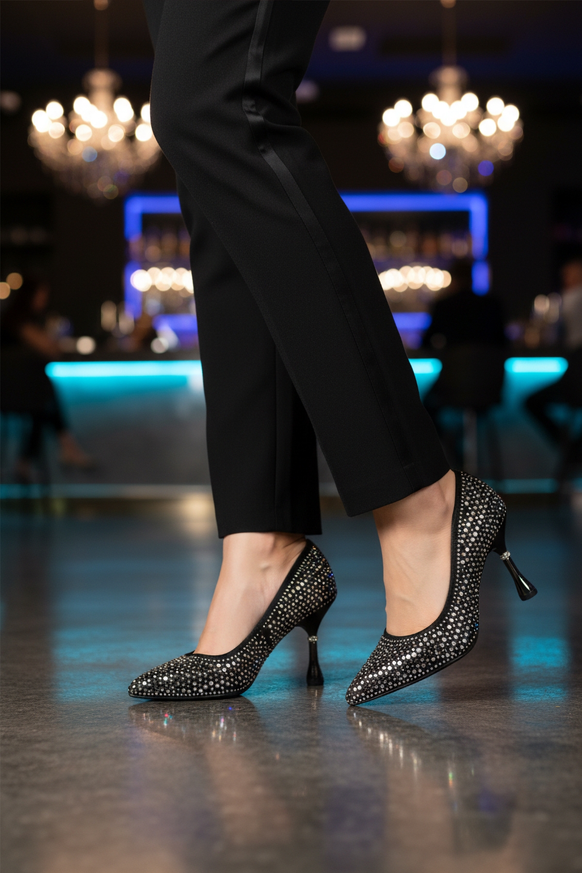 Siyah Taş İşlemeli İnce Topuklu Kadın Abiye Ayakkabı PC-55020 Z - Görsel 4