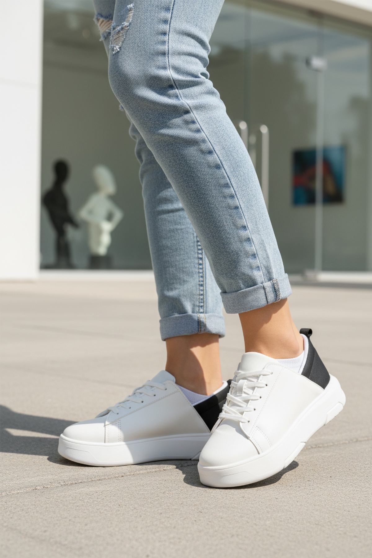 Beyaz Siyah Bağcıklı Unisex Spor Ayakkabı OZ-03 Z - Görsel 4