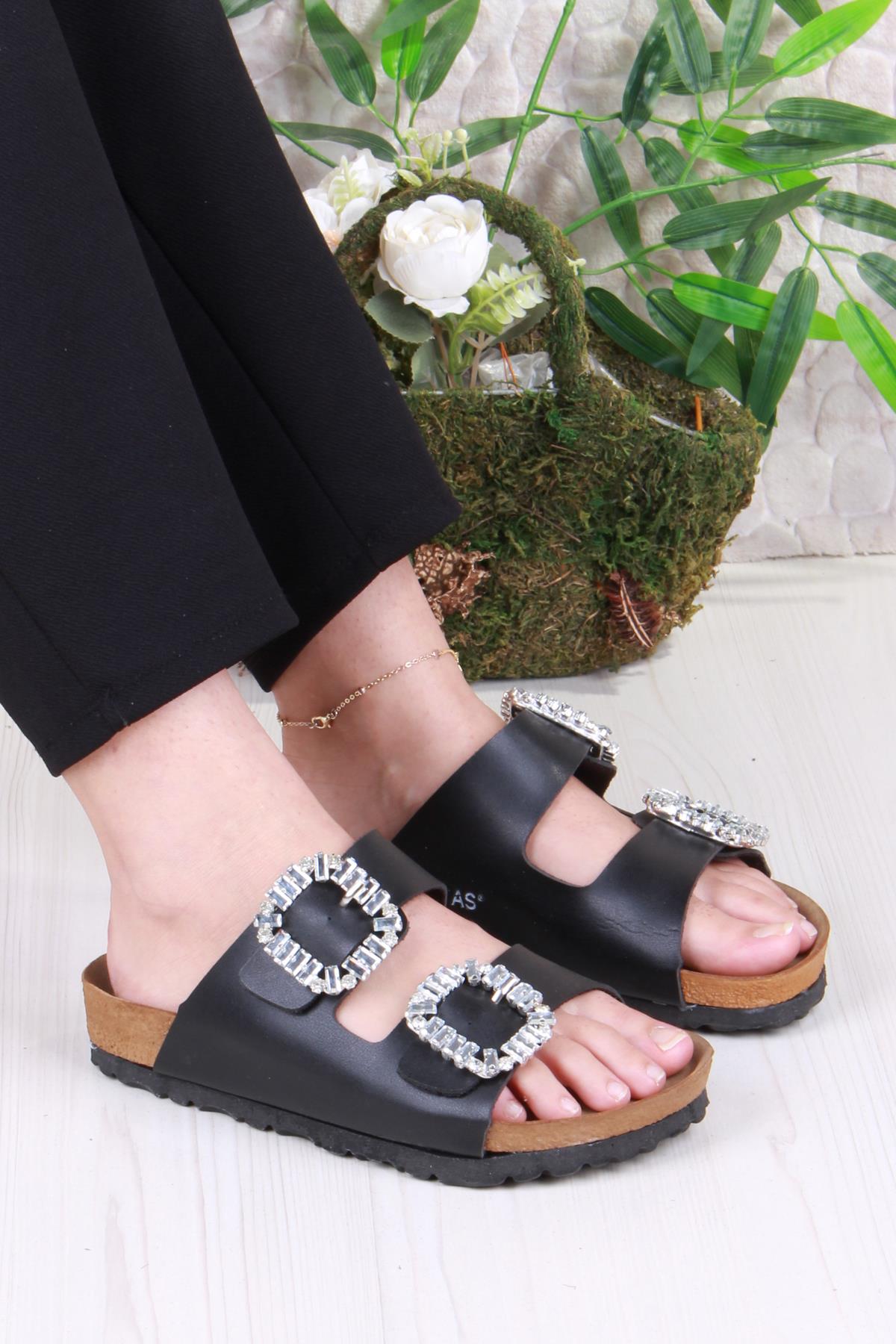 8732 Anatomik Rahat Taban Taşlı Çift Tokalı Şık Kadın Terlik - Görsel 2