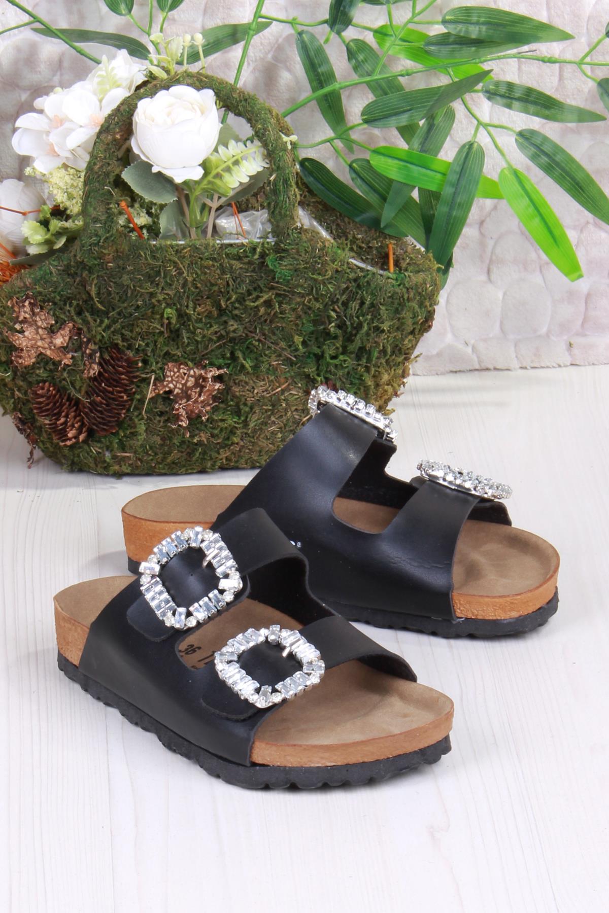 8732 Anatomik Rahat Taban Taşlı Çift Tokalı Şık Kadın Terlik - Görsel 4