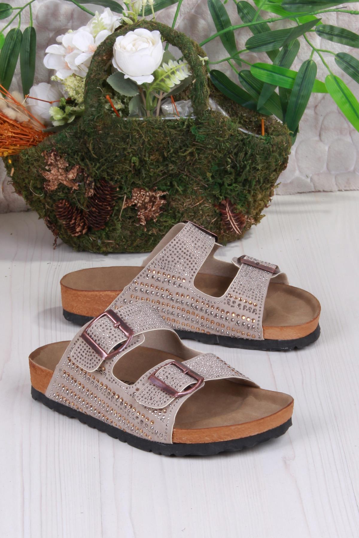 8731 Anatomik Rahat Taban Taşlı Çift Tokalı Şık Kadın Terlik - Görsel 4