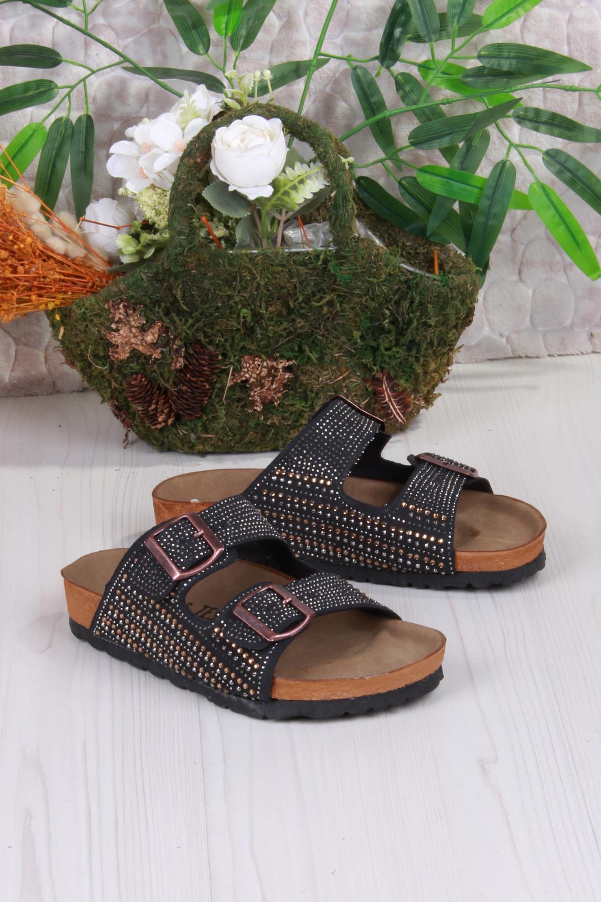 8731 Anatomik Rahat Taban Taşlı Çift Tokalı Şık Kadın Terlik - Görsel 4