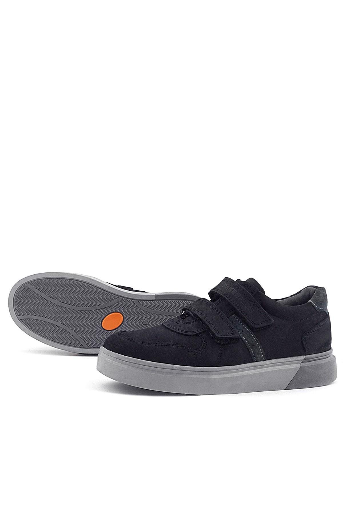 Hakiki Deri Siyah Nubuk Gri Cırtlı Erkek Çocuk Sneaker - Görsel 7