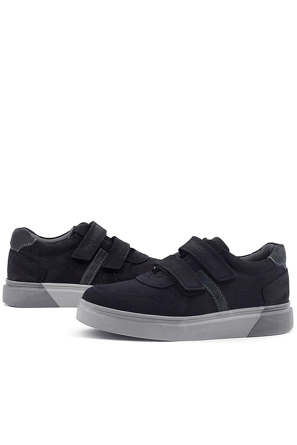 Hakiki Deri Siyah Nubuk Gri Cırtlı Erkek Çocuk Sneaker - Görsel 8