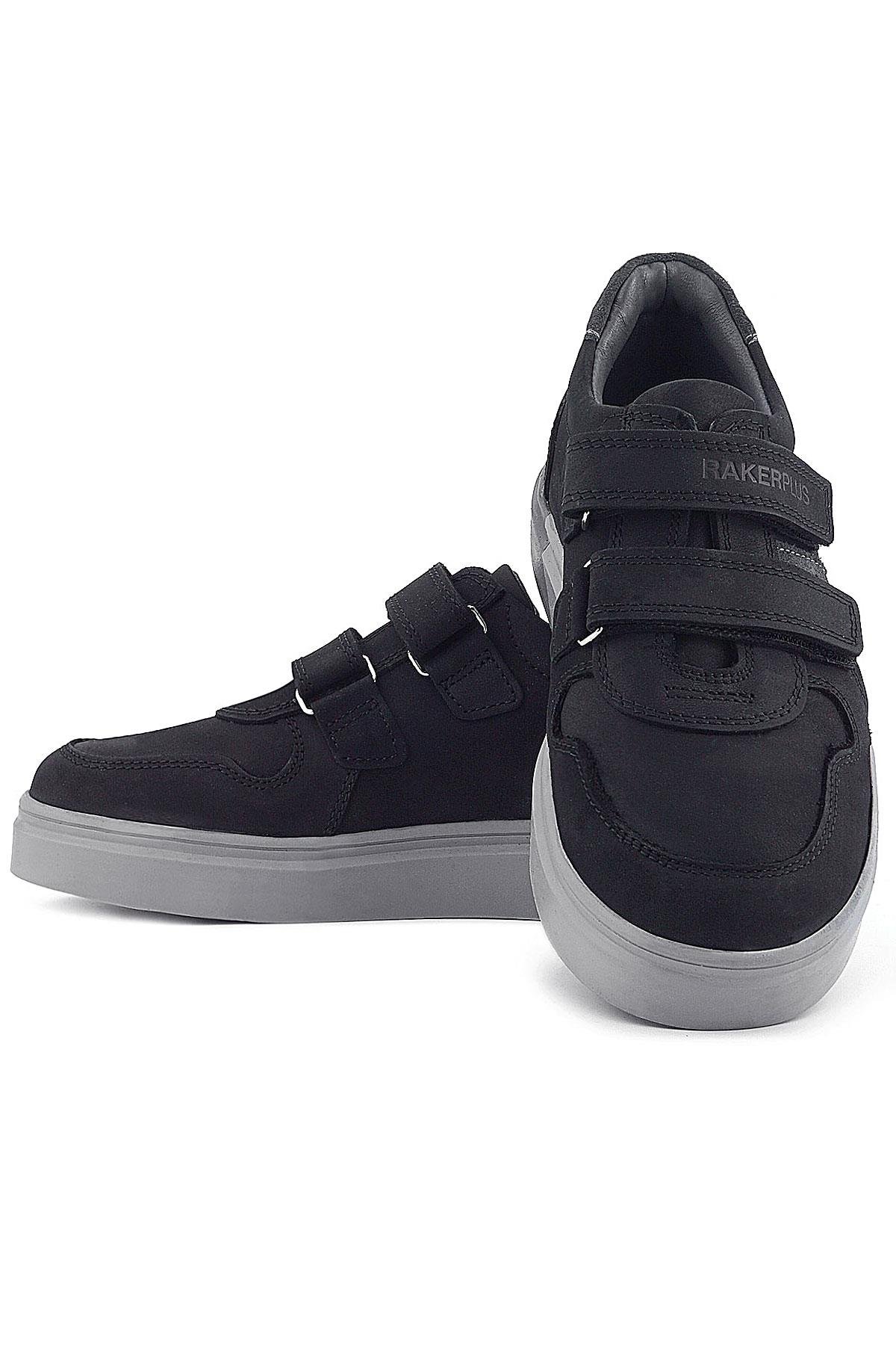 Hakiki Deri Siyah Nubuk Gri Cırtlı Erkek Çocuk Sneaker - Görsel 9