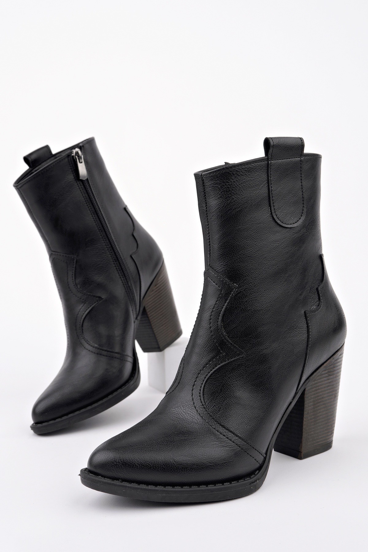 WESTON Sivri Burun Dikiş Detaylı Fermuarlı Kalın Topuklu Kovboy Kadın Bot - Görsel 4