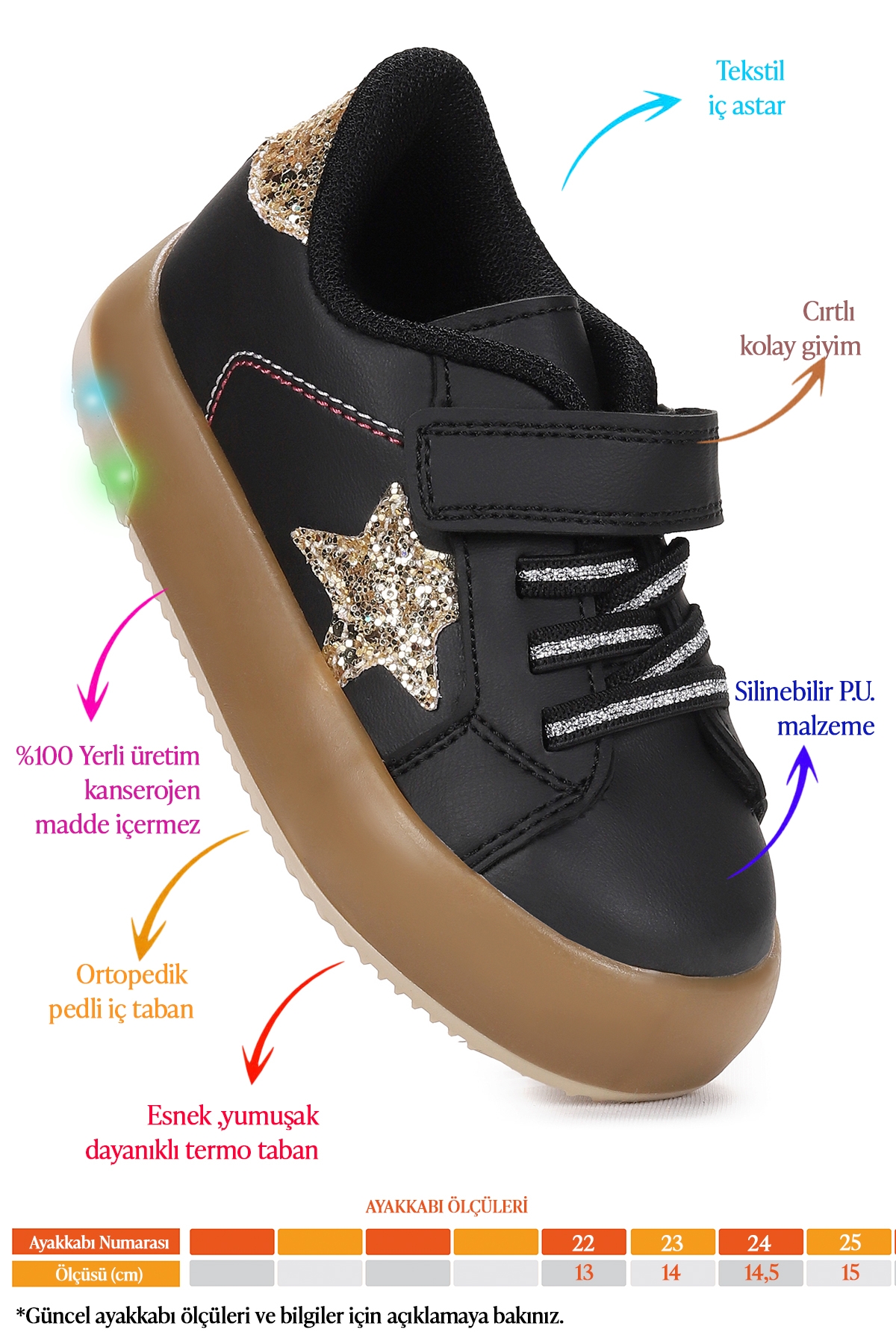 Rena Günlük Cırtlı Işıklı Kız Bebek Spor Ayakkabı Siyah - Altın - Görsel 3