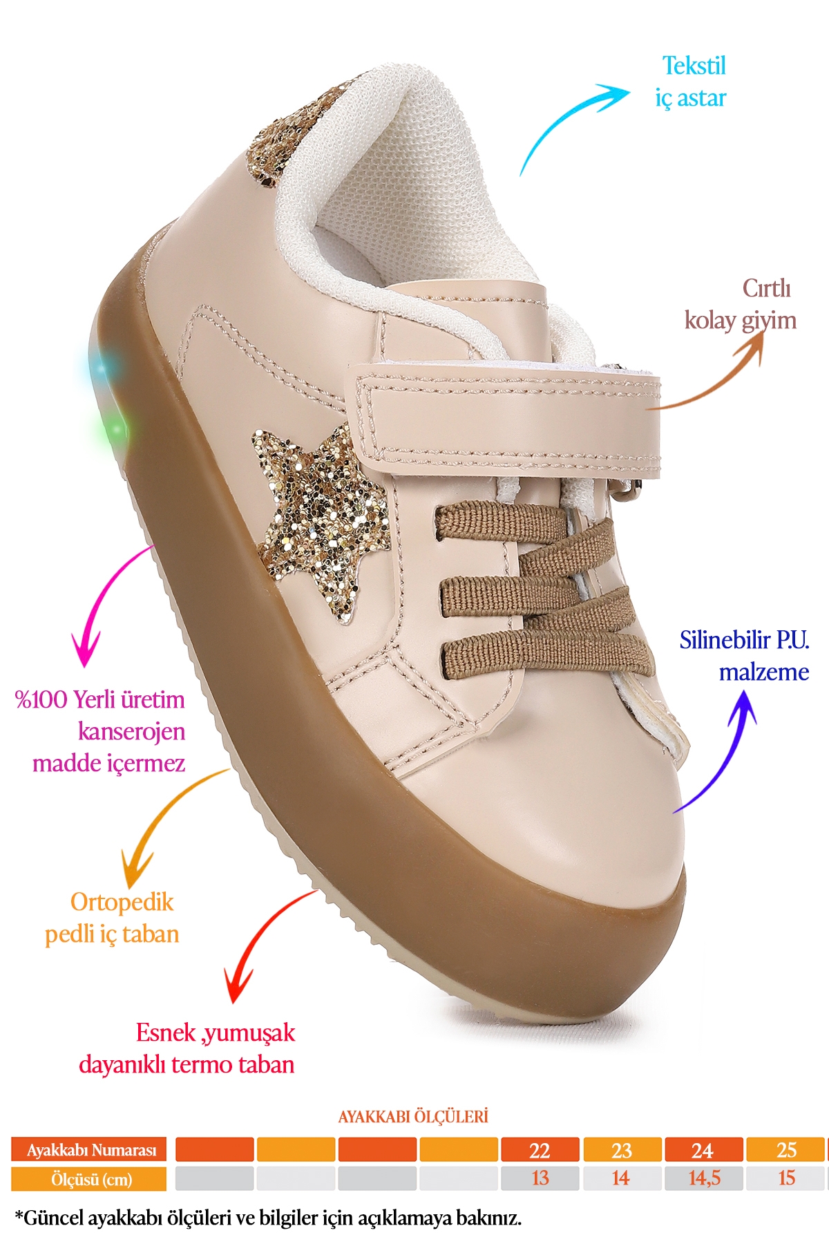 Rena Günlük Cırtlı Işıklı Kız Bebek Spor Ayakkabı Bej - Görsel 3