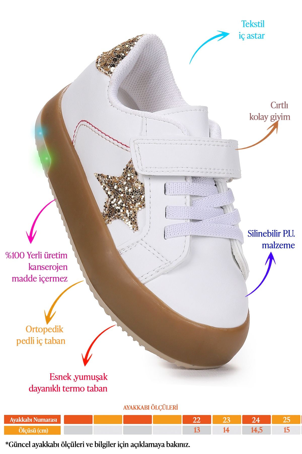 Rena Günlük Cırtlı Işıklı Kız Bebek Spor Ayakkabı Beyaz - Altın - Görsel 3