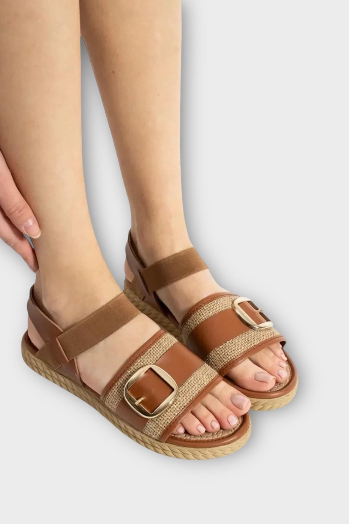 Kadın Tokalı Hasır Tek Bant Lastik Detaylı Sandalet TABA - Görsel 2
