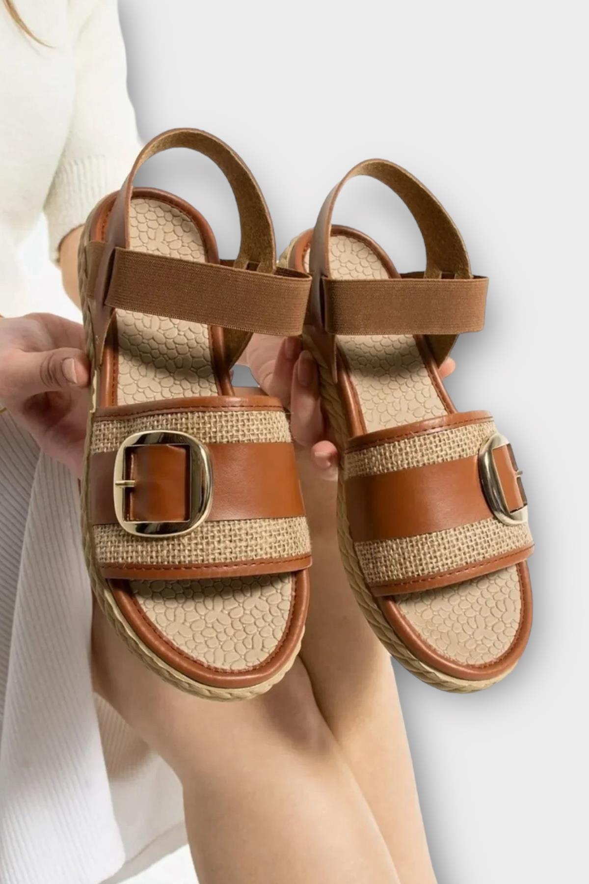 Kadın Tokalı Hasır Tek Bant Lastik Detaylı Sandalet TABA - Görsel 3