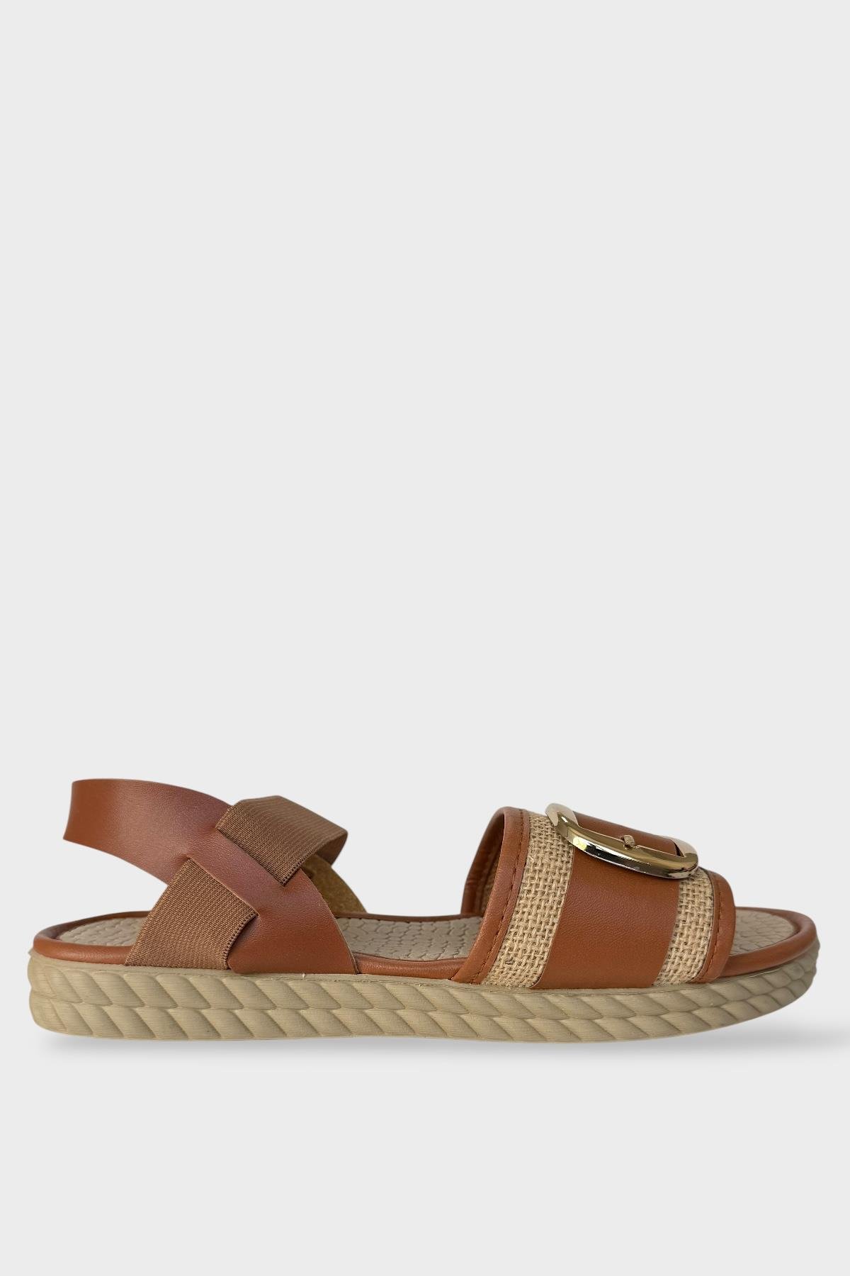 Kadın Tokalı Hasır Tek Bant Lastik Detaylı Sandalet TABA - Görsel 4