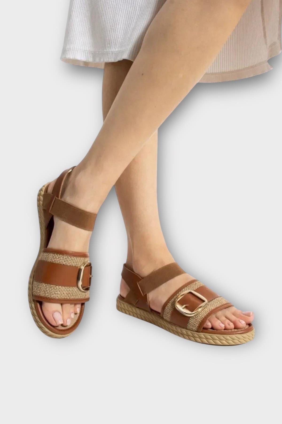 Kadın Tokalı Hasır Tek Bant Lastik Detaylı Sandalet TABA - Görsel 5