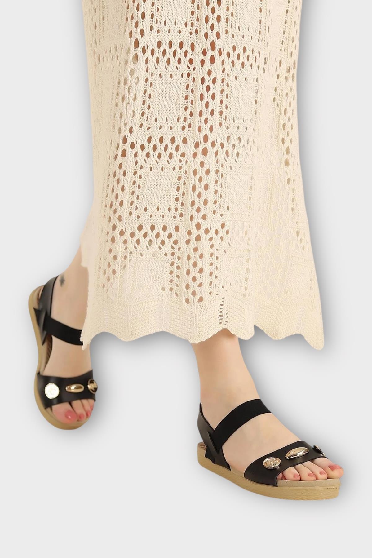 Kadın Tek Bant Aksesuarlı Bilek Lastik Detaylı Sandalet SİYAH - Görsel 5