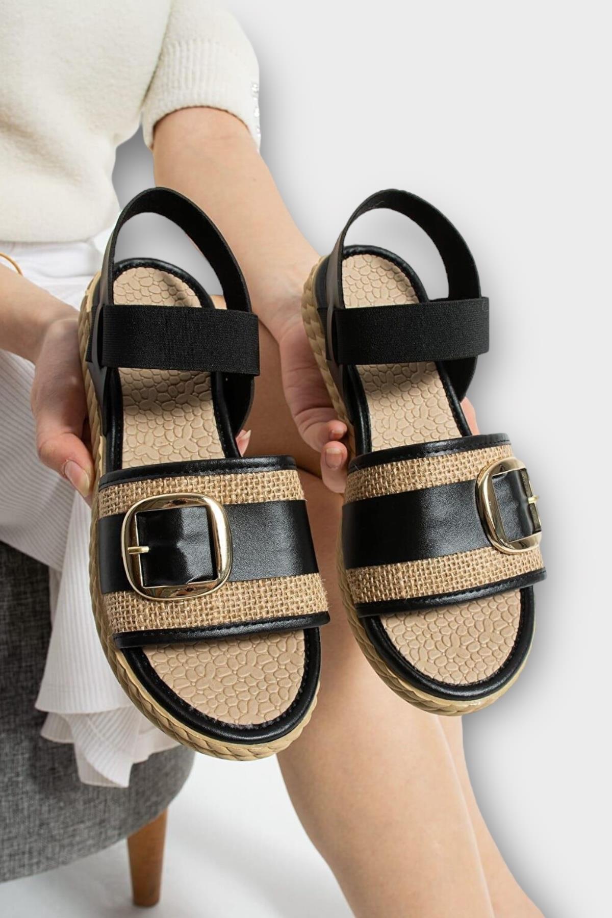 Kadın Tokalı Hasır Tek Bant Lastik Detaylı Sandalet SİYAH - Görsel 3