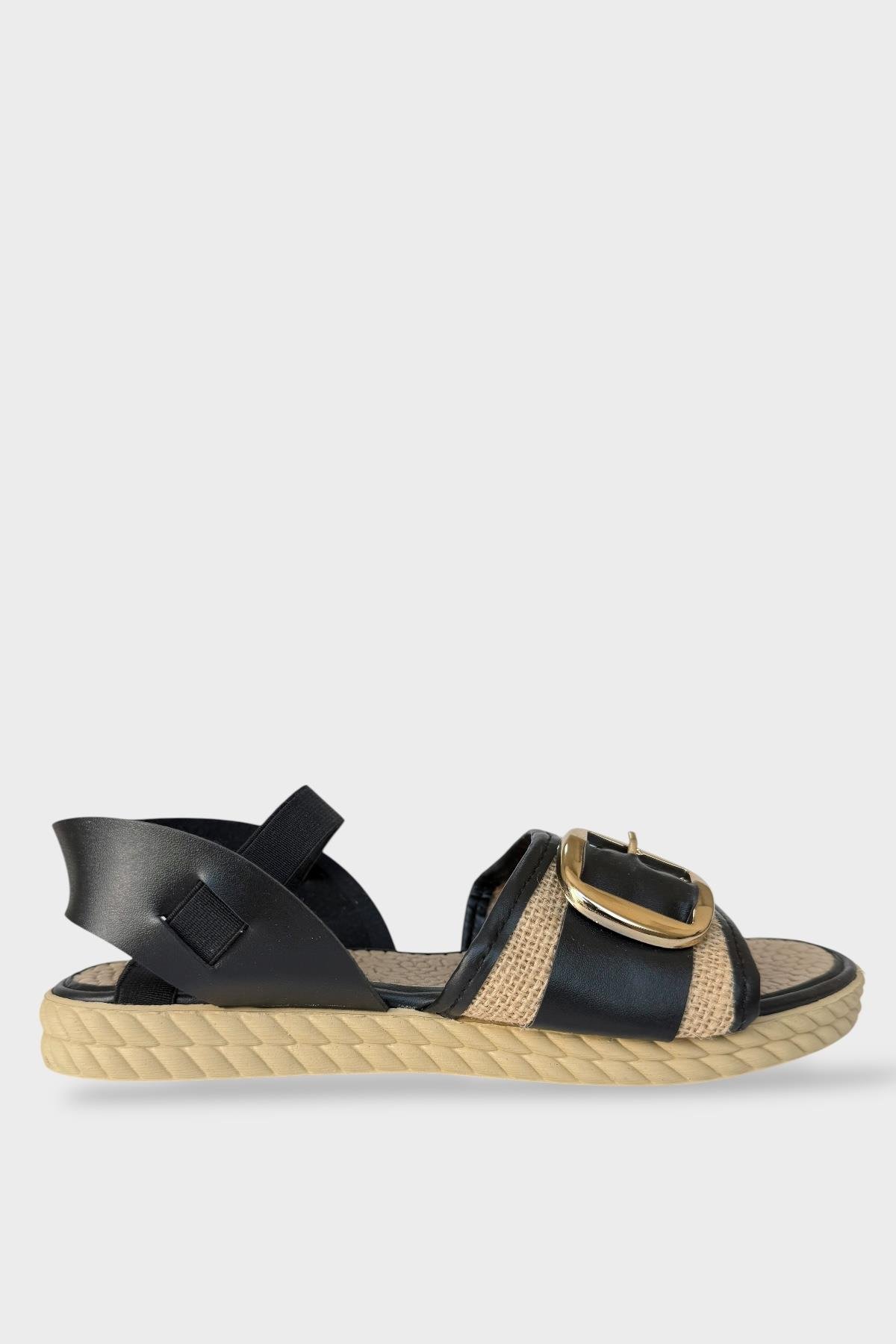 Kadın Tokalı Hasır Tek Bant Lastik Detaylı Sandalet SİYAH - Görsel 4