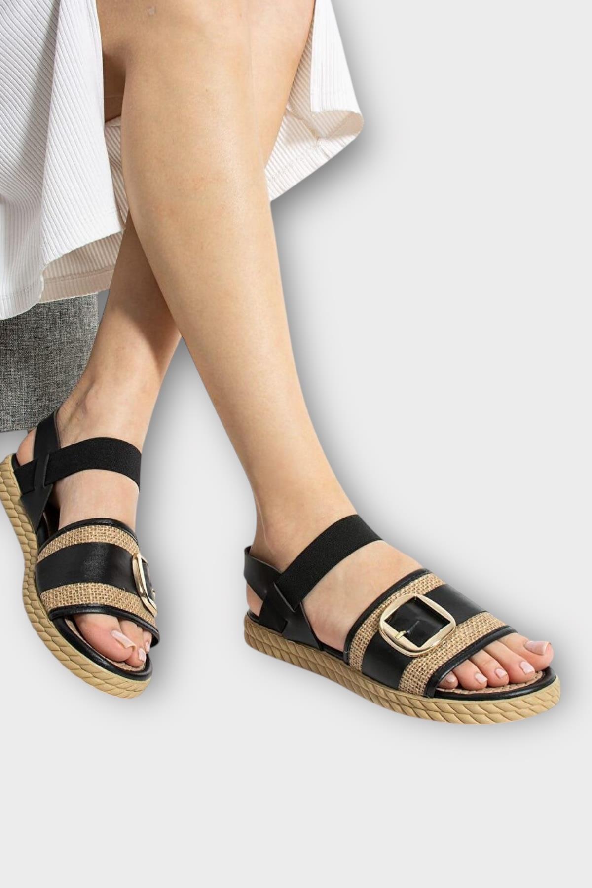 Kadın Tokalı Hasır Tek Bant Lastik Detaylı Sandalet SİYAH - Görsel 5