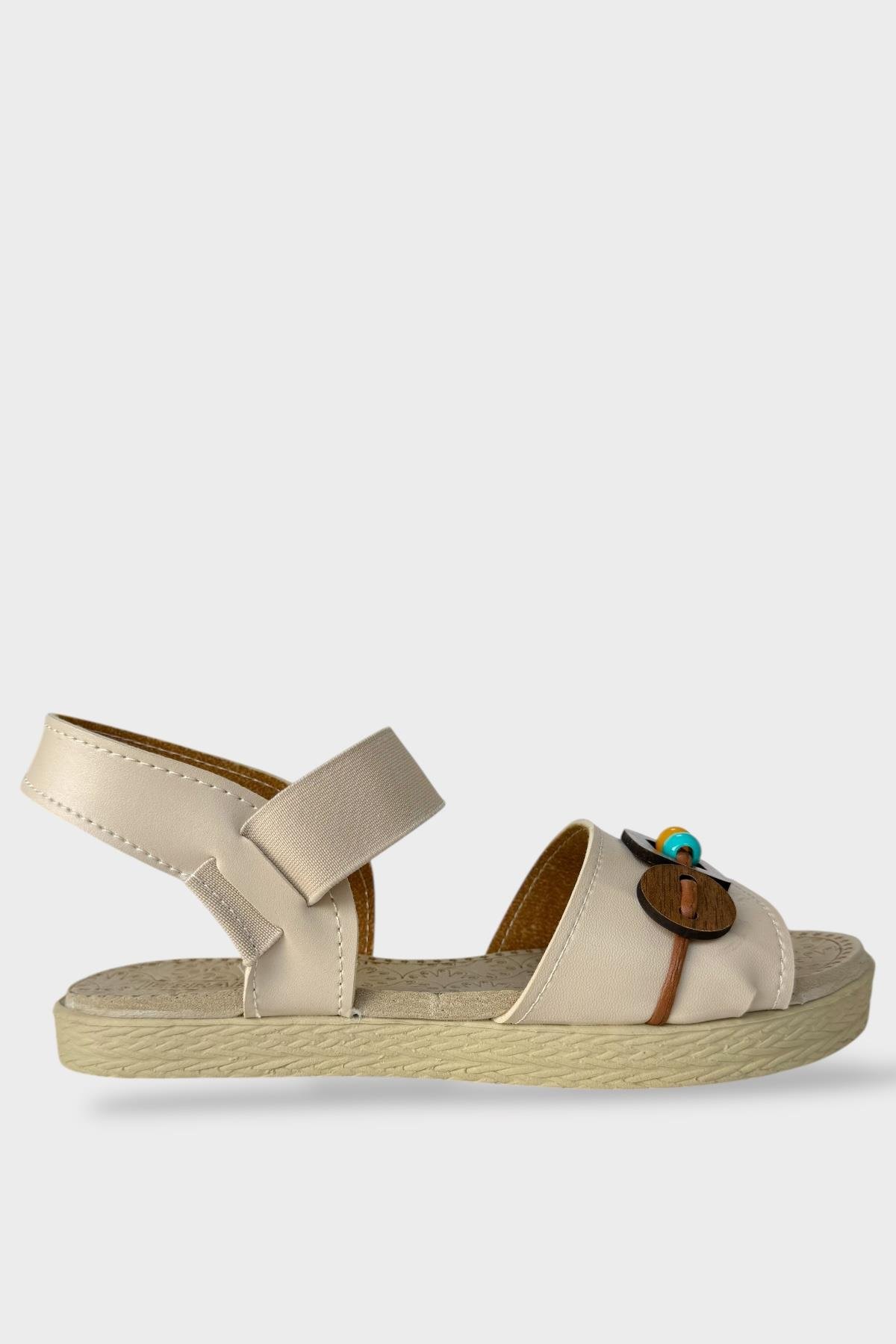 Lastikli Boncuk Detaylı Günlük Kadın Sandalet BEJ - TABA - Görsel 2