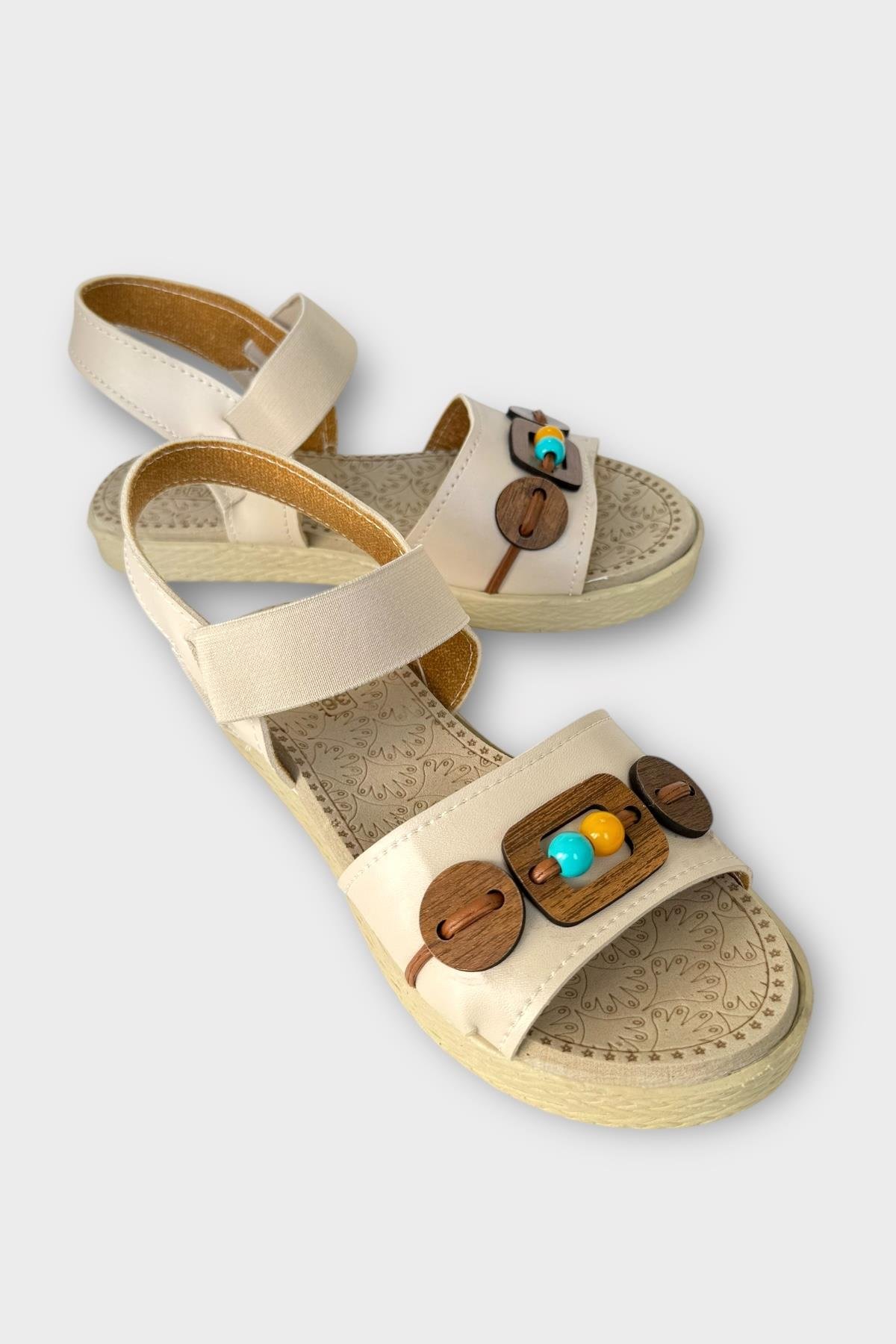Lastikli Boncuk Detaylı Günlük Kadın Sandalet BEJ - TABA - Görsel 3