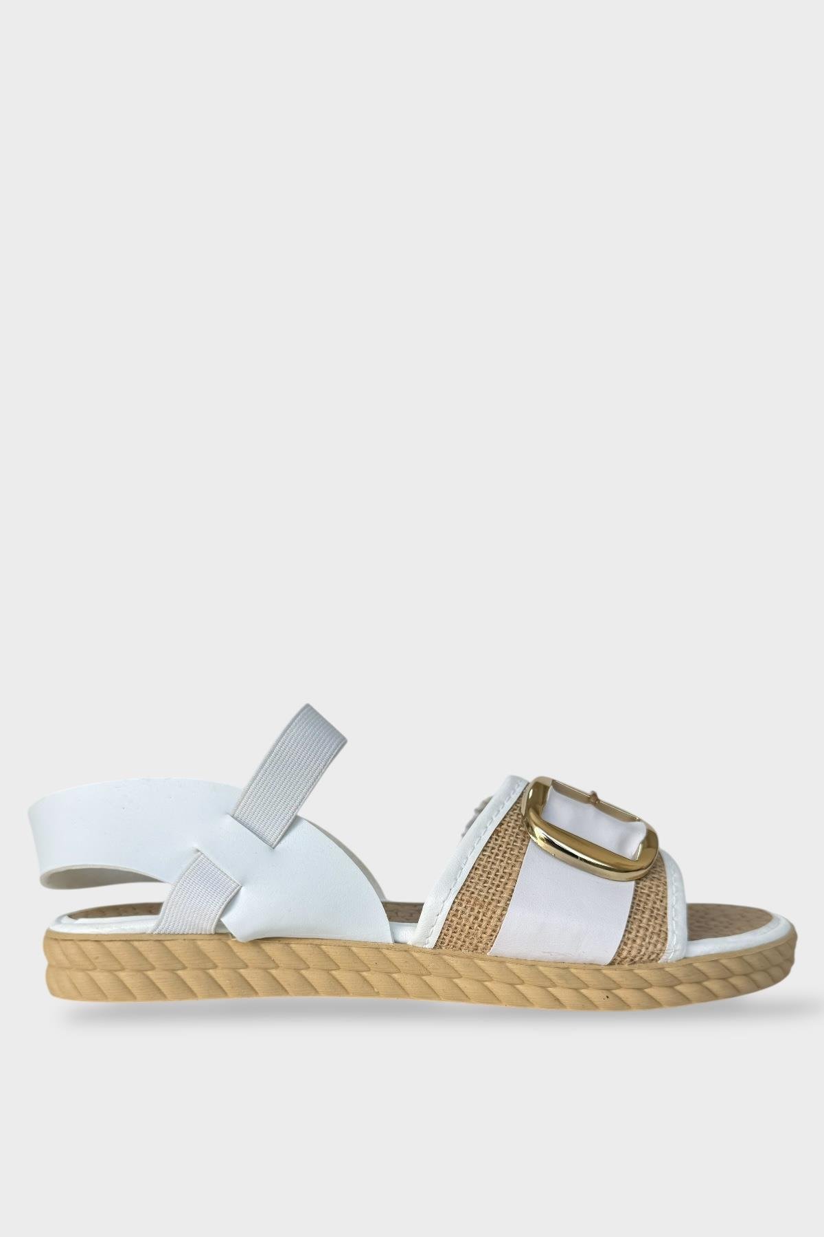 Kadın Tokalı Hasır Tek Bant Lastik Detaylı Sandalet BEYAZ - Görsel 2