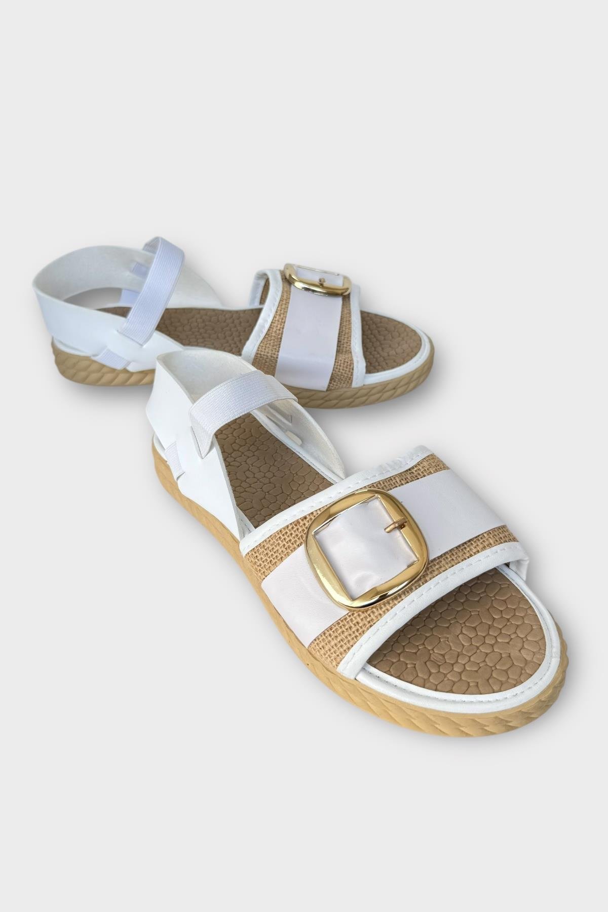Kadın Tokalı Hasır Tek Bant Lastik Detaylı Sandalet BEYAZ - Görsel 3
