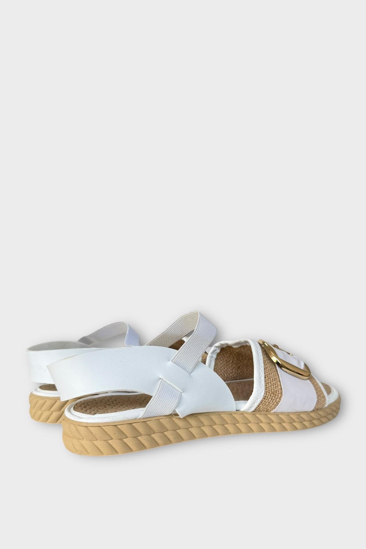 Kadın Tokalı Hasır Tek Bant Lastik Detaylı Sandalet BEYAZ - Görsel 6