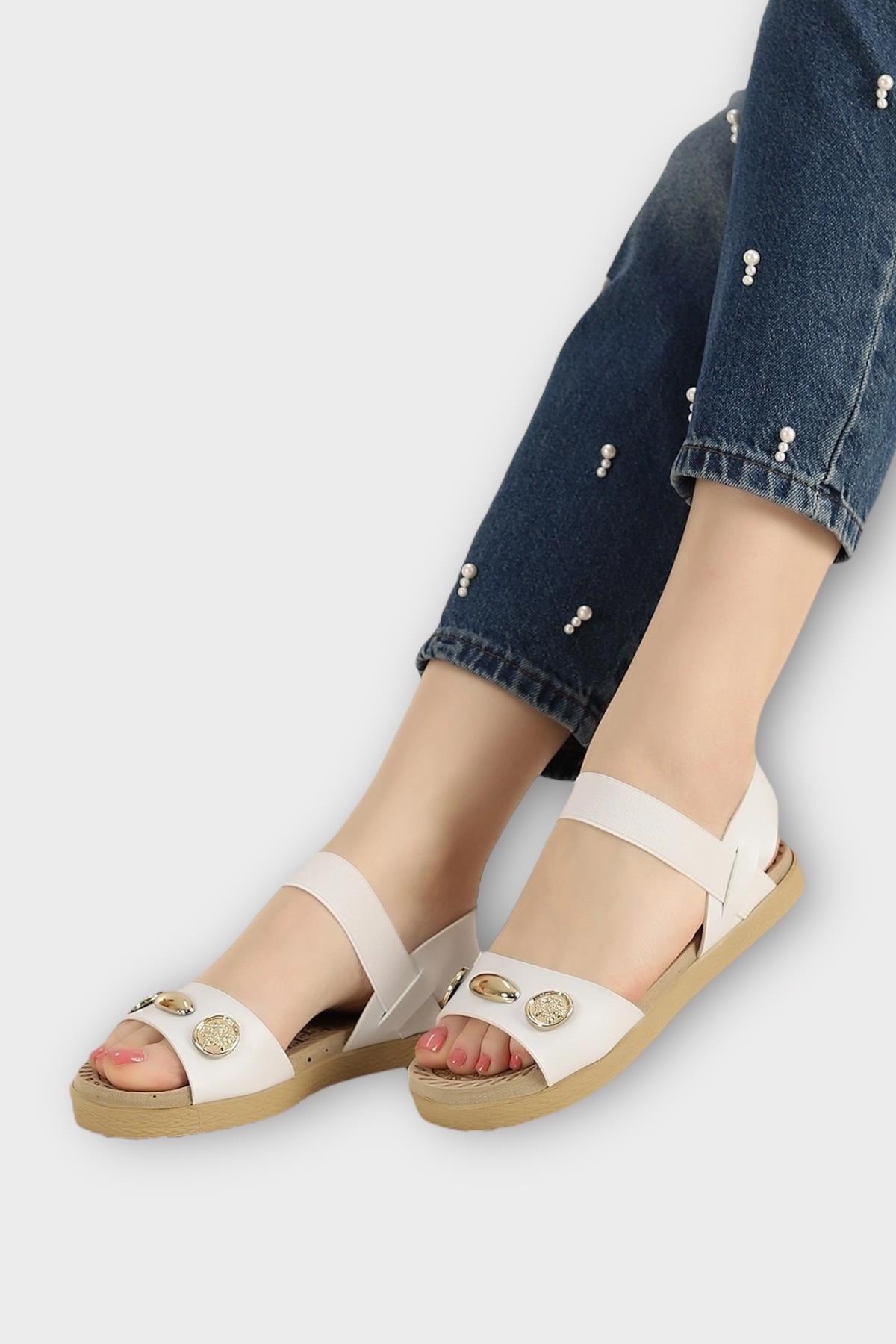 Kadın Tek Bant Aksesuarlı Bilek Lastik Detaylı Sandalet BEYAZ - Görsel 2