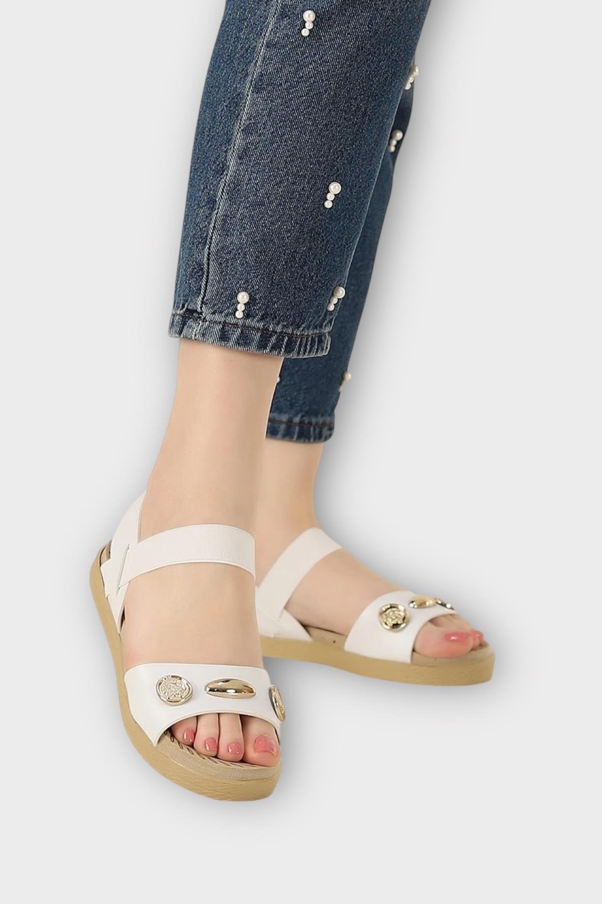 Kadın Tek Bant Aksesuarlı Bilek Lastik Detaylı Sandalet BEYAZ - Görsel 4