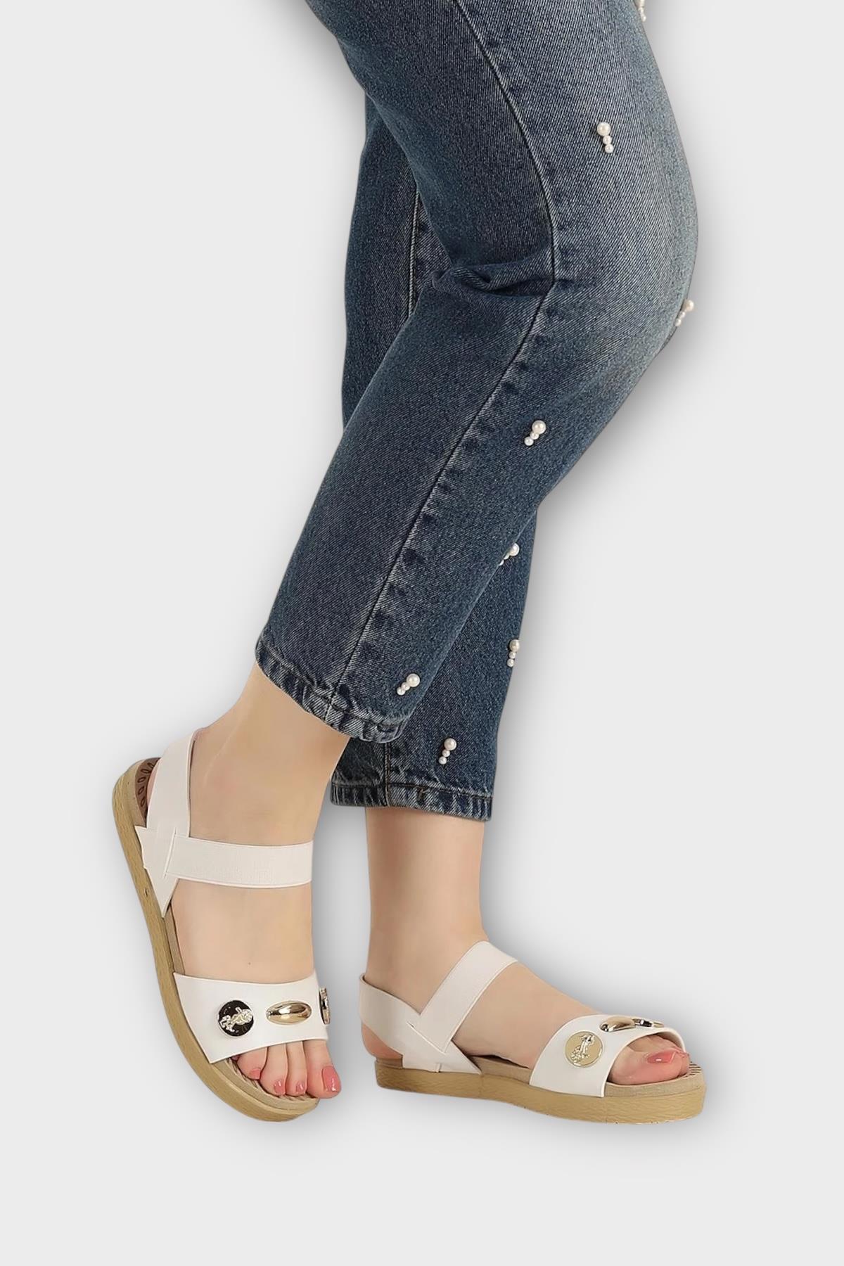 Kadın Tek Bant Aksesuarlı Bilek Lastik Detaylı Sandalet BEYAZ - Görsel 5