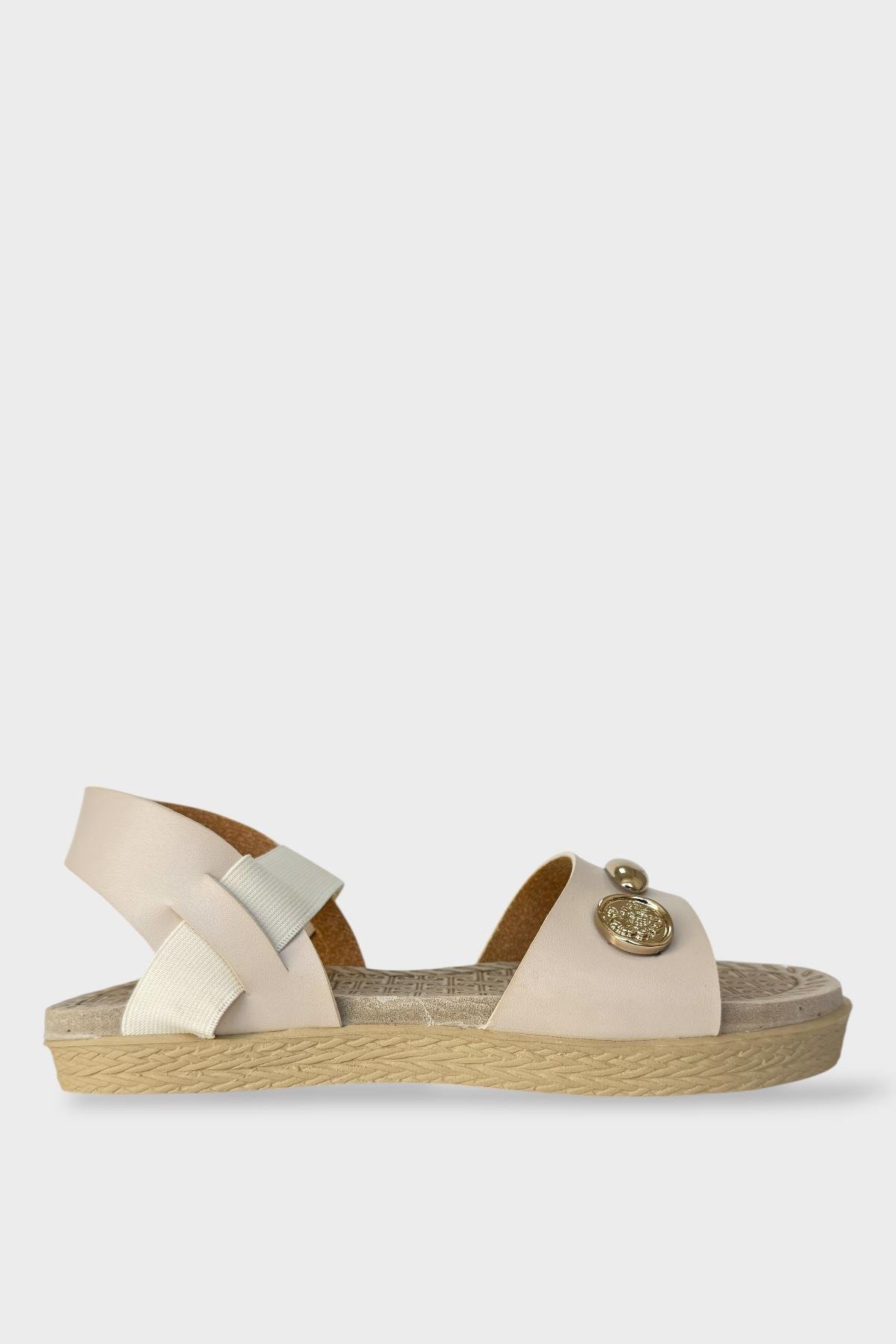 Kadın Tek Bant Aksesuarlı Bilek Lastik Detaylı Sandalet BEJ - Görsel 3