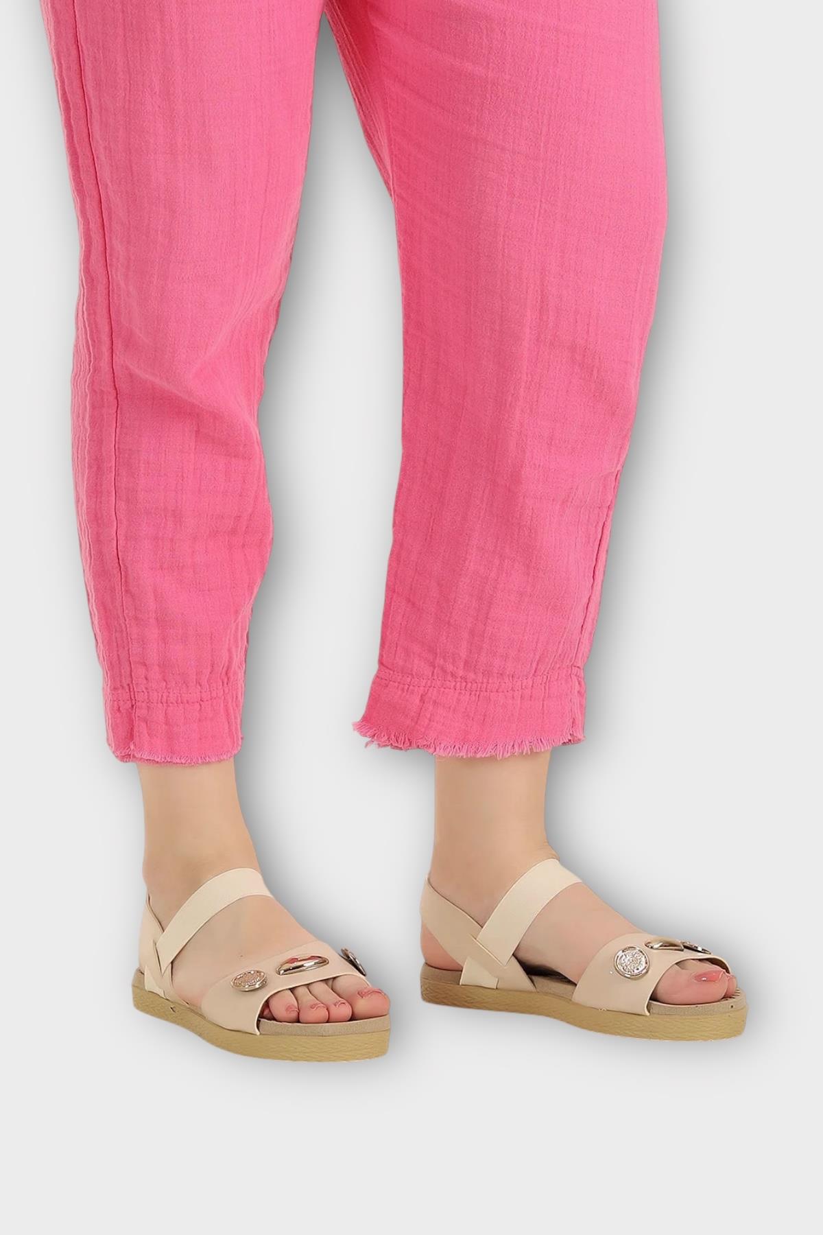 Kadın Tek Bant Aksesuarlı Bilek Lastik Detaylı Sandalet BEJ - Görsel 5