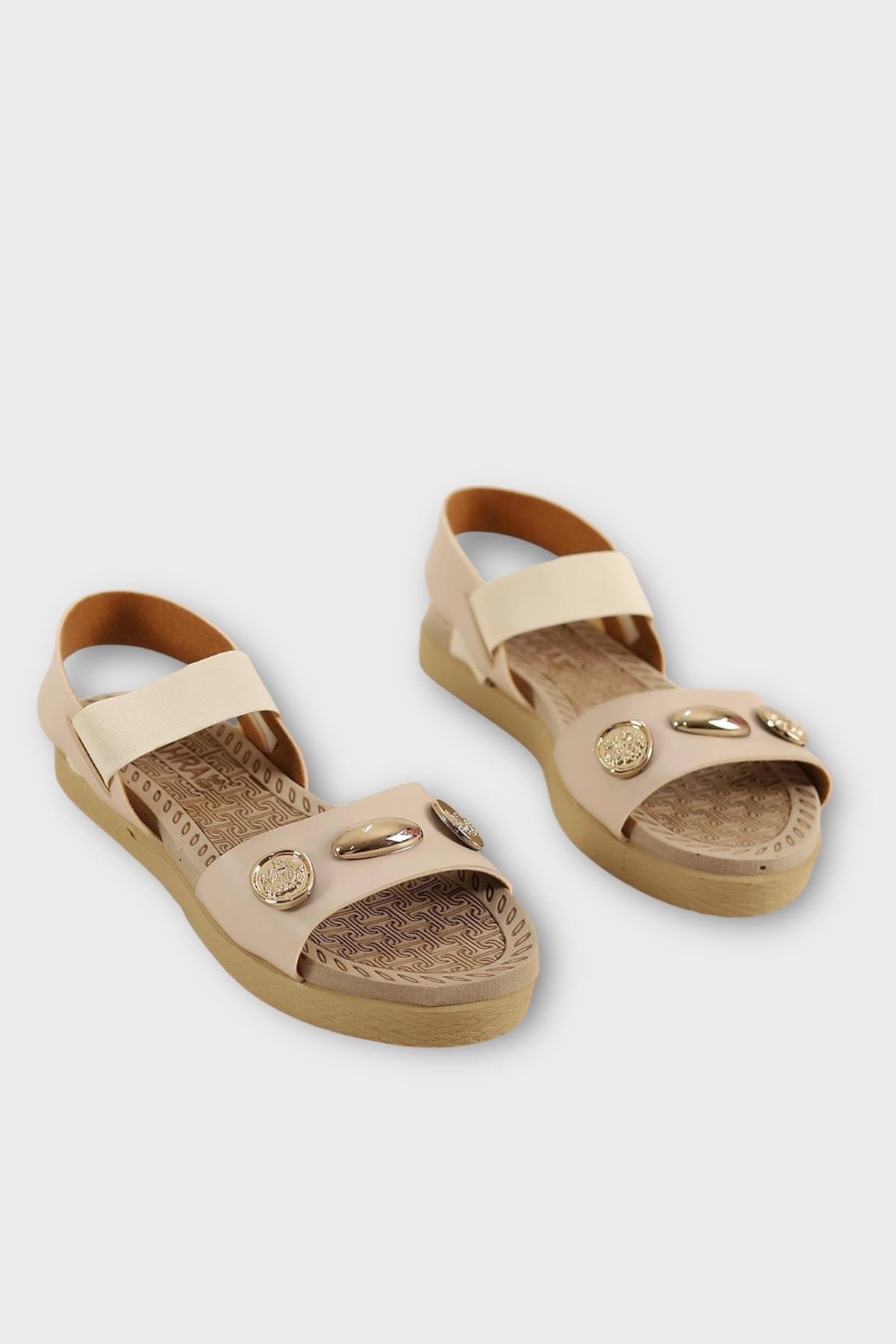 Kadın Tek Bant Aksesuarlı Bilek Lastik Detaylı Sandalet BEJ - Görsel 6