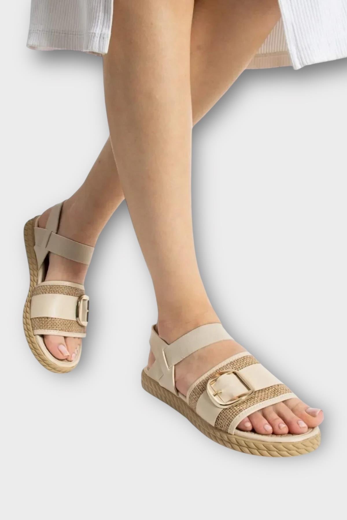 Kadın Tokalı Hasır Tek Bant Lastik Detaylı Sandalet KREM - Görsel 2