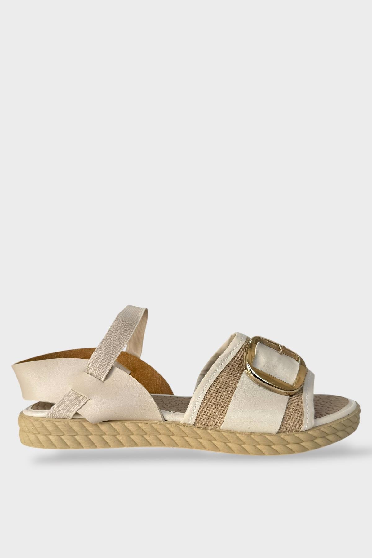 Kadın Tokalı Hasır Tek Bant Lastik Detaylı Sandalet KREM - Görsel 4