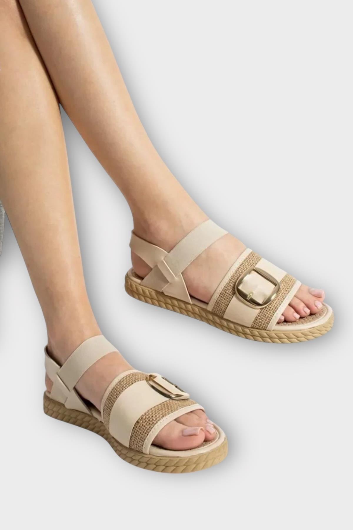 Kadın Tokalı Hasır Tek Bant Lastik Detaylı Sandalet KREM - Görsel 6