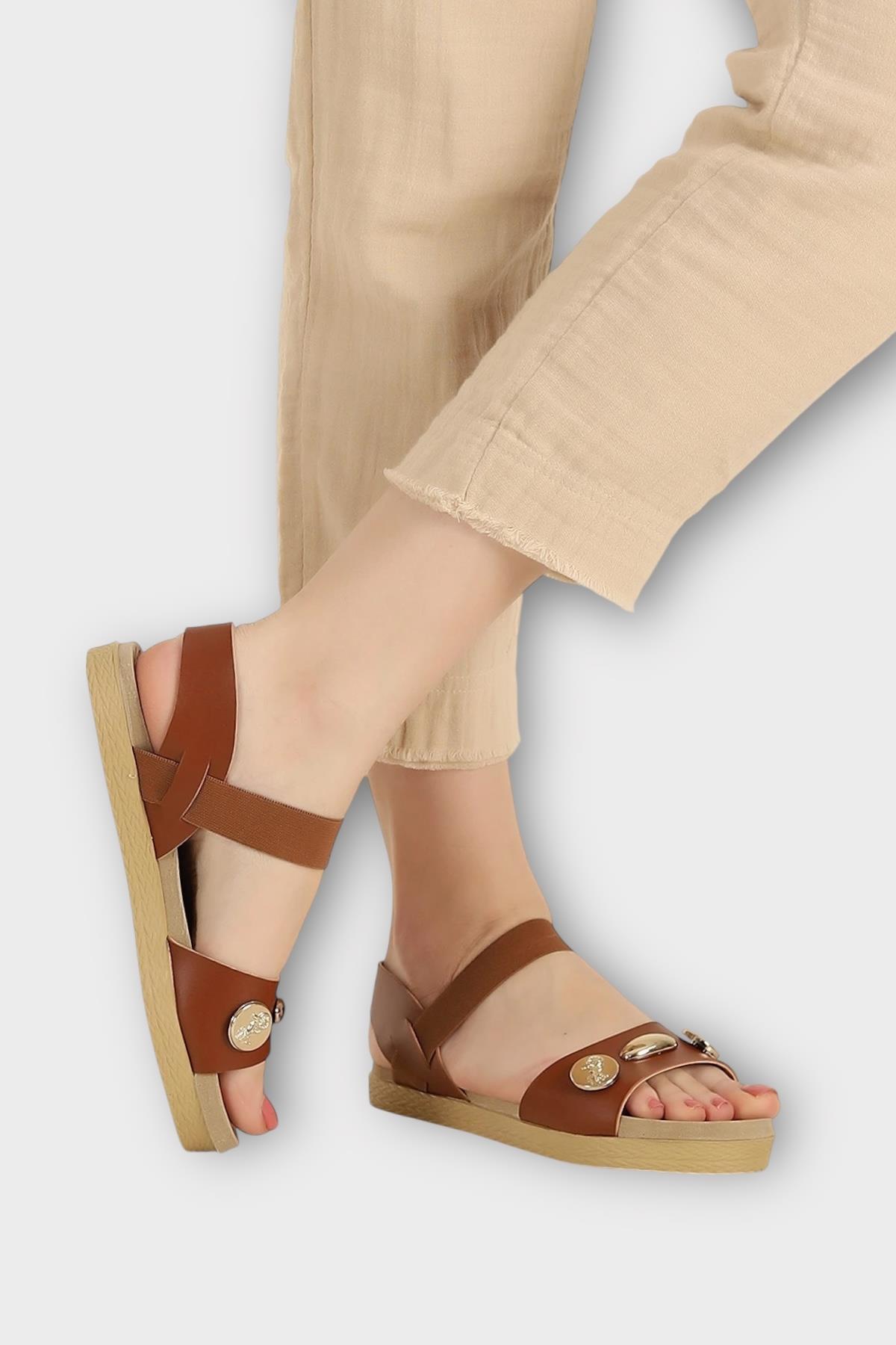Kadın Tek Bant Aksesuarlı Bilek Lastik Detaylı Sandalet TABA - Görsel 2