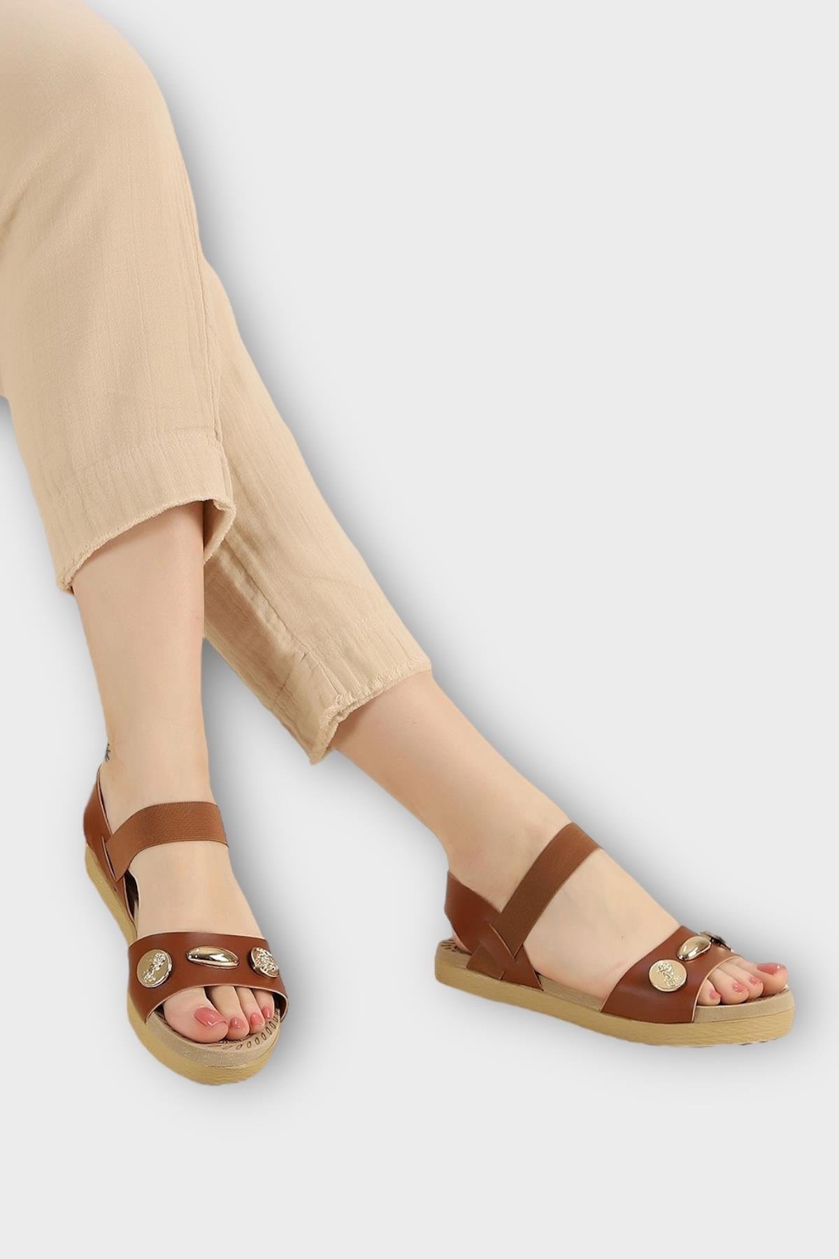 Kadın Tek Bant Aksesuarlı Bilek Lastik Detaylı Sandalet TABA - Görsel 5
