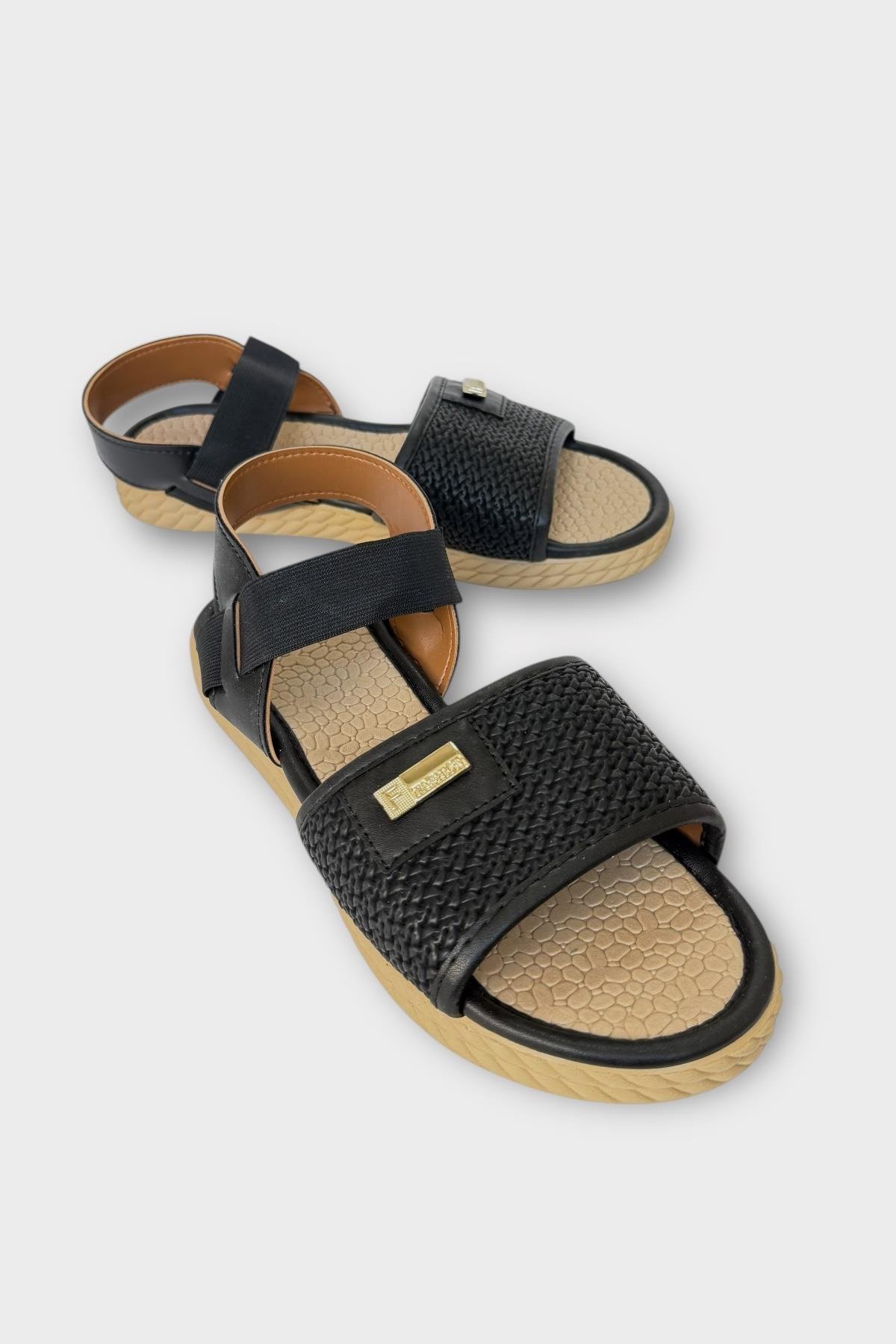 Kadın Hasır Tek Bant Lastik Detaylı Sandalet SİYAH - Görsel 3