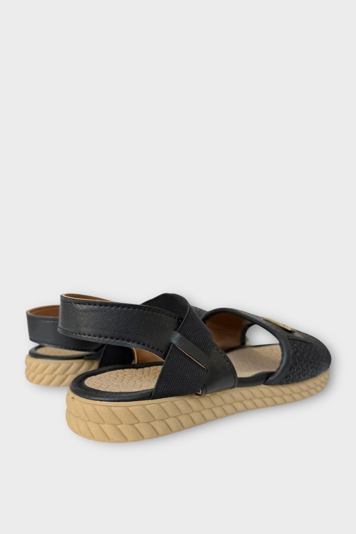 Kadın Hasır Tek Bant Lastik Detaylı Sandalet SİYAH - Görsel 6