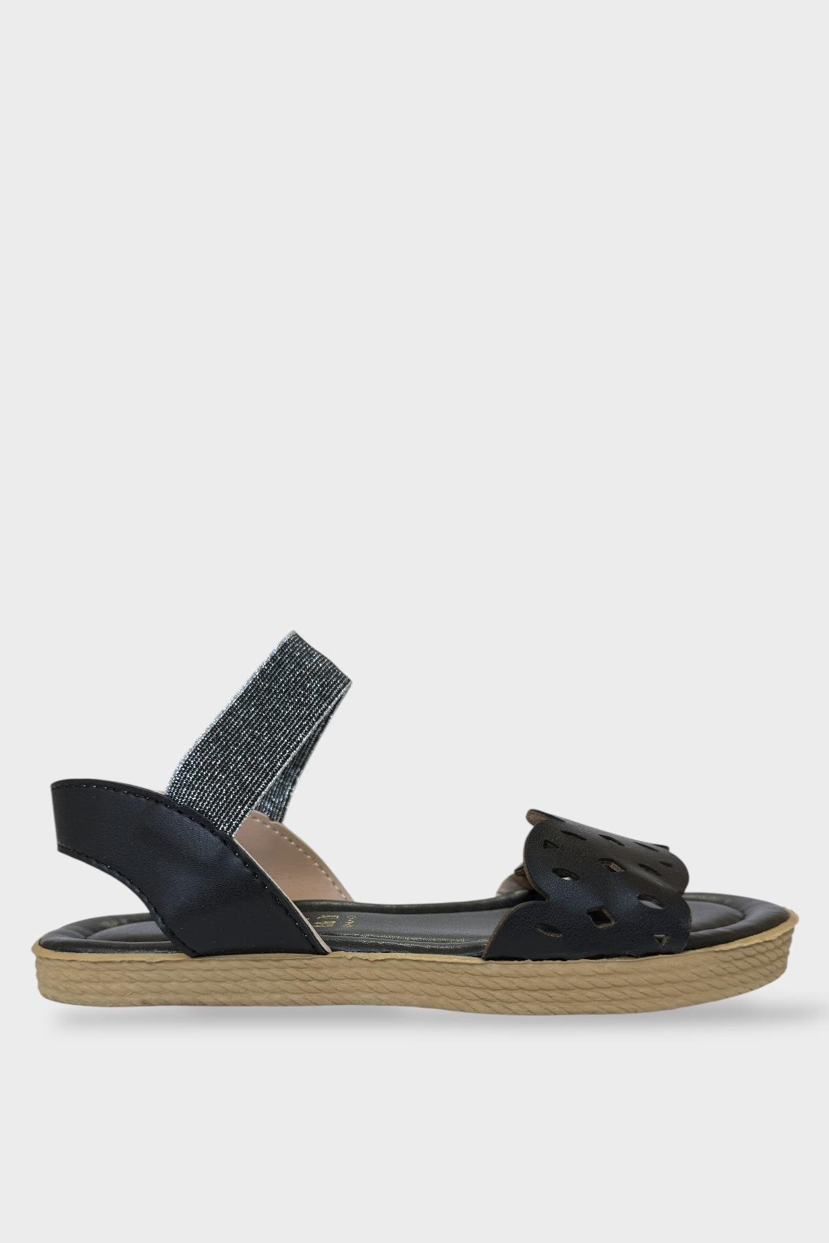 Kadın Tek Bant Lastik Detaylı Lazer Kesim Yazlık Sandalet SİYAH - Görsel 2