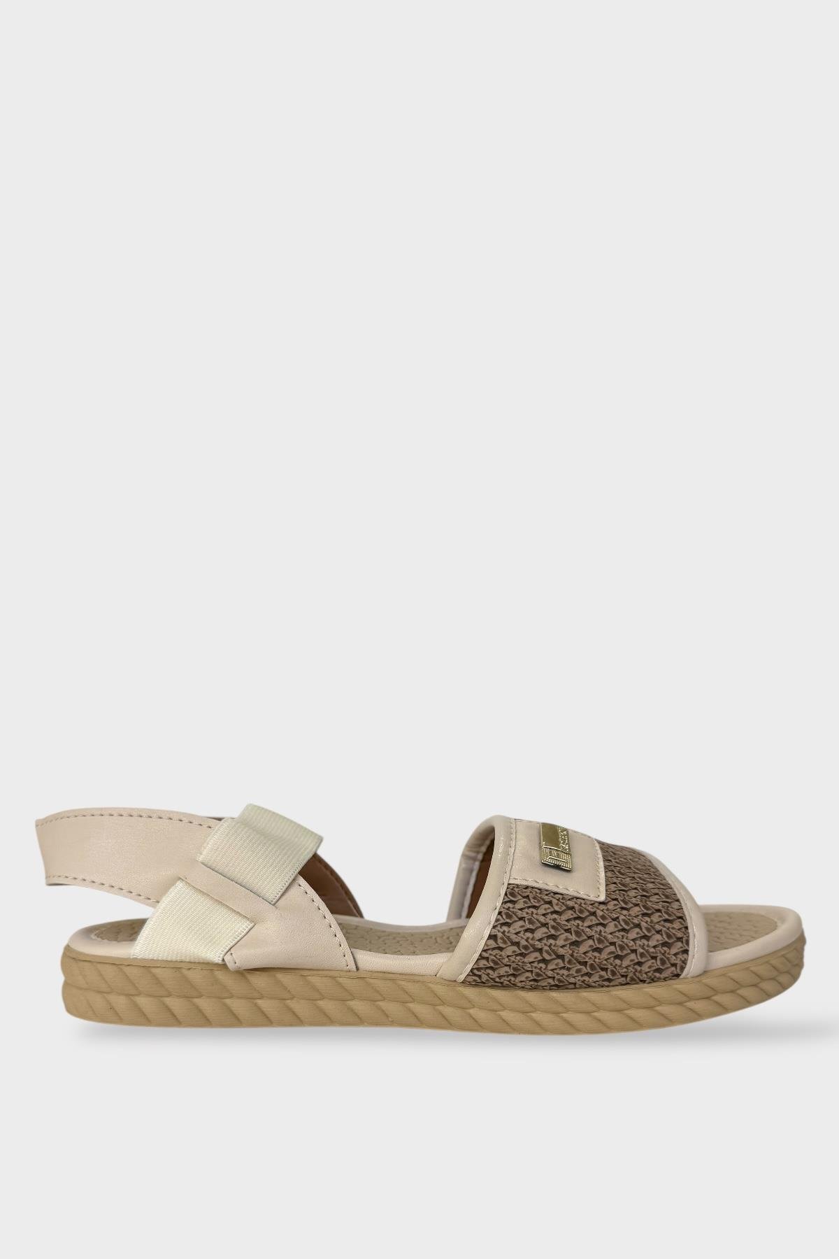 Kadın Hasır Tek Bant Lastik Detaylı Sandalet BEJ - Görsel 2