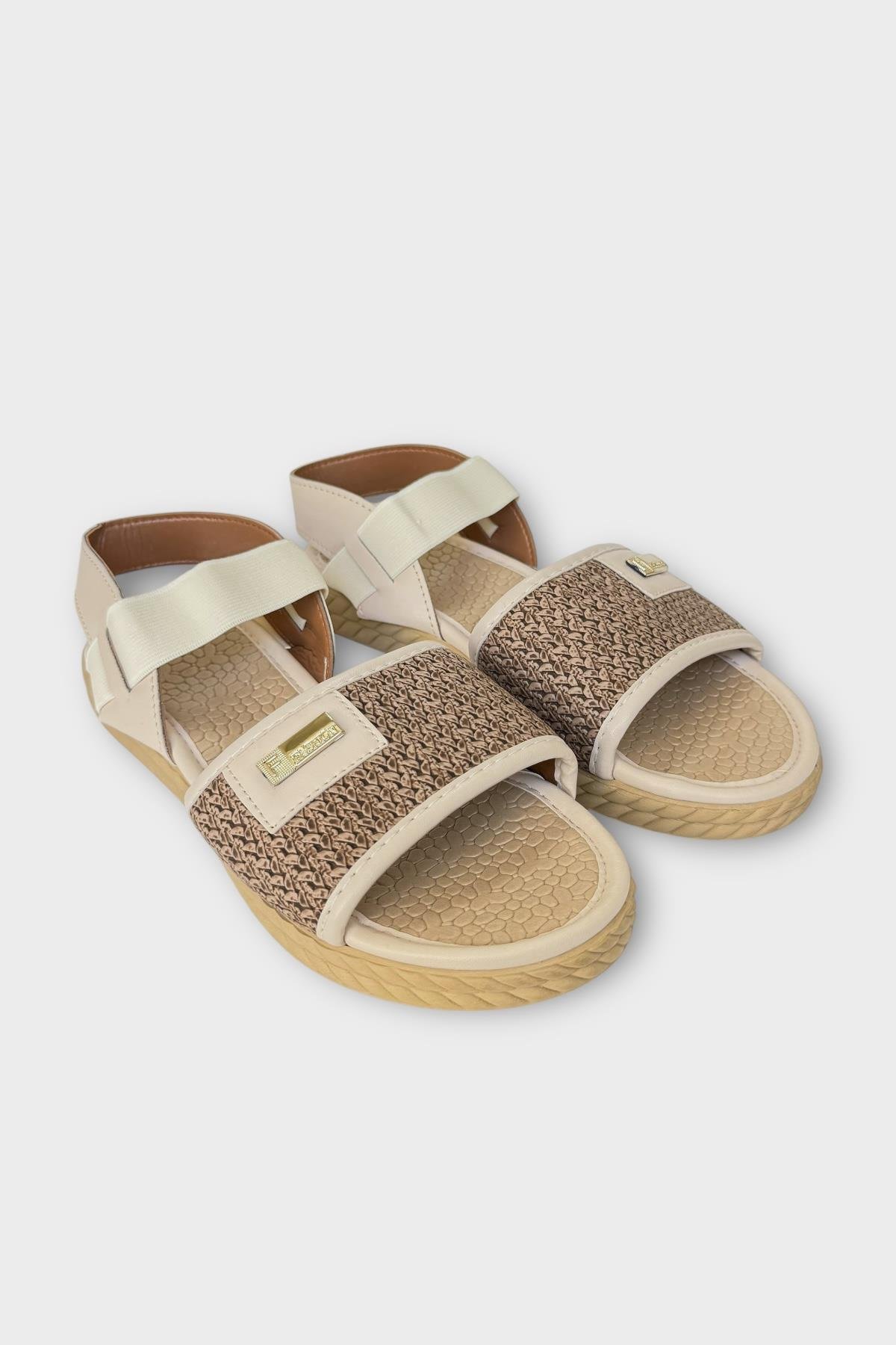 Kadın Hasır Tek Bant Lastik Detaylı Sandalet BEJ - Görsel 4
