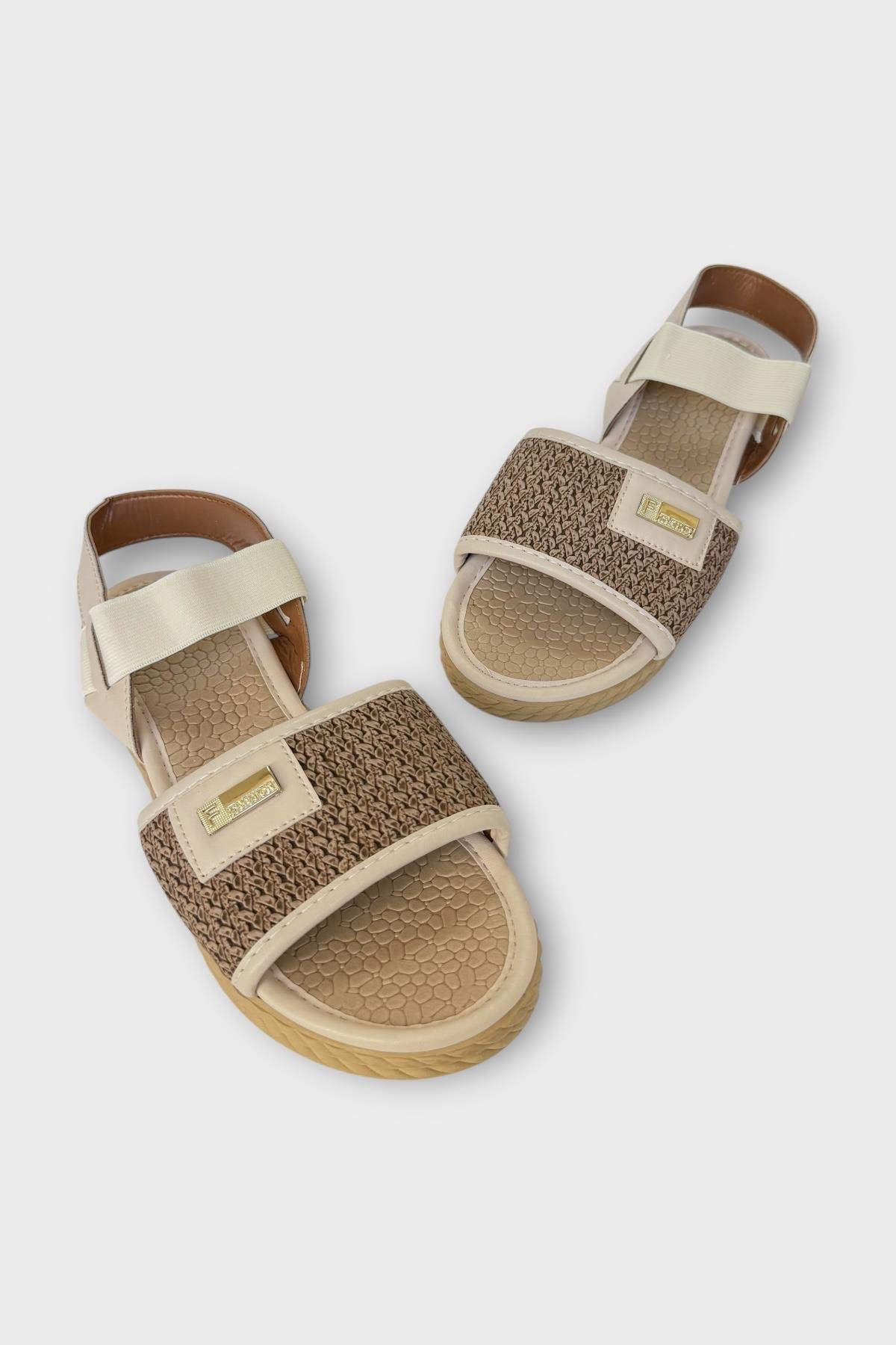 Kadın Hasır Tek Bant Lastik Detaylı Sandalet BEJ - Görsel 5