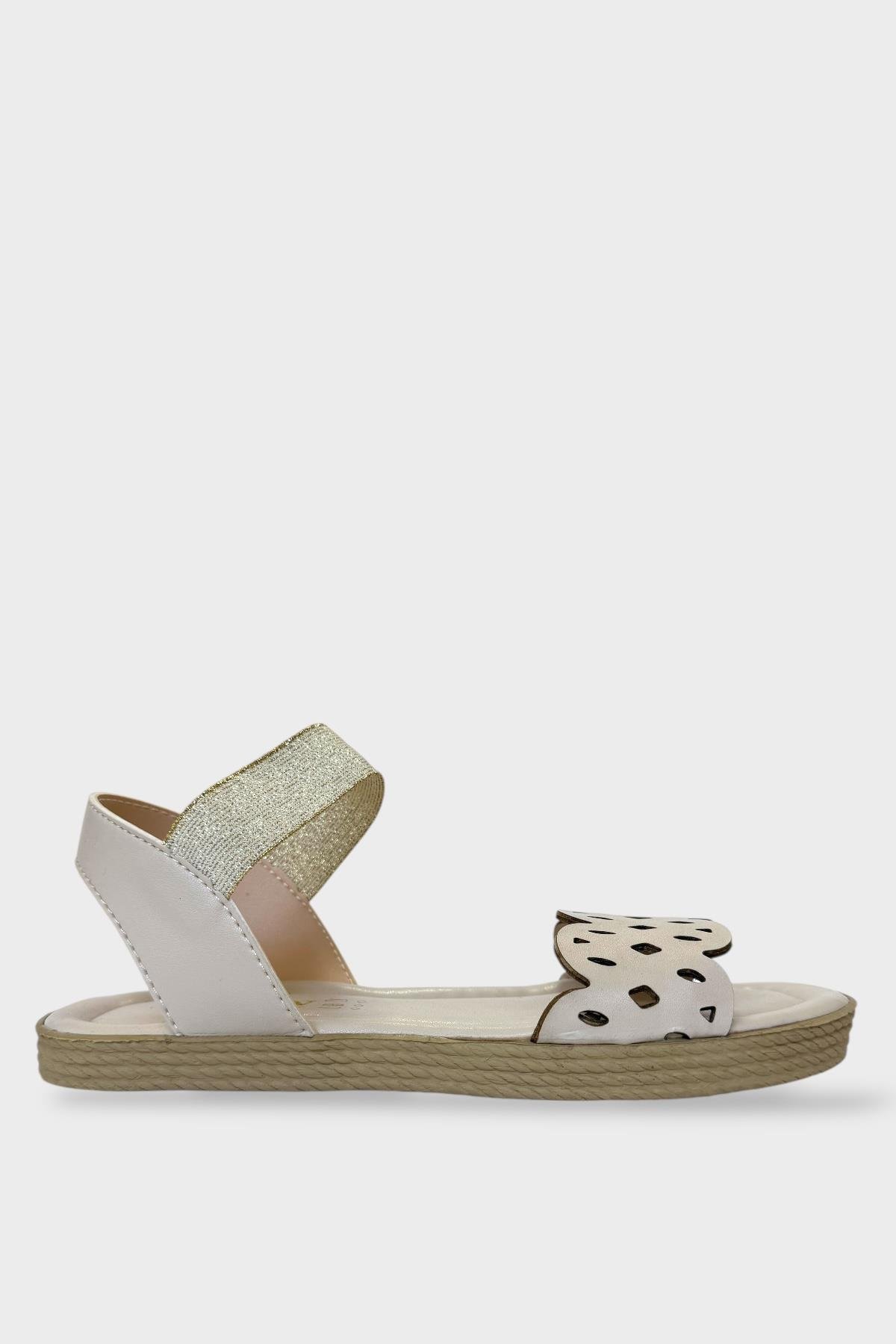 Kadın Tek Bant Lastik Detaylı Lazer Kesim Yazlık Sandalet KREM - Görsel 2