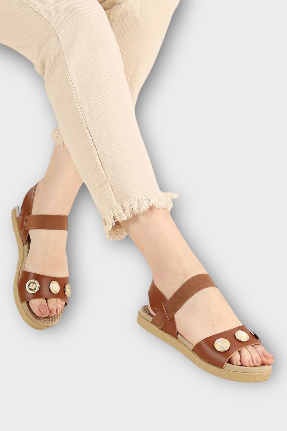 Kadın Tek Bant Aksesuarlı Bilek Lastik Detaylı Sandalet TABA - Görsel 2