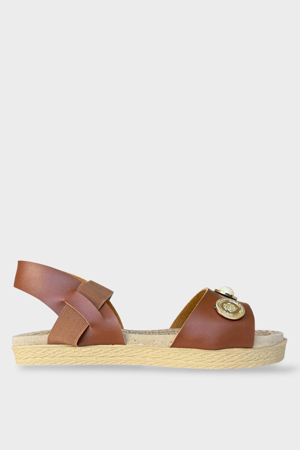 Kadın Tek Bant Aksesuarlı Bilek Lastik Detaylı Sandalet TABA - Görsel 3