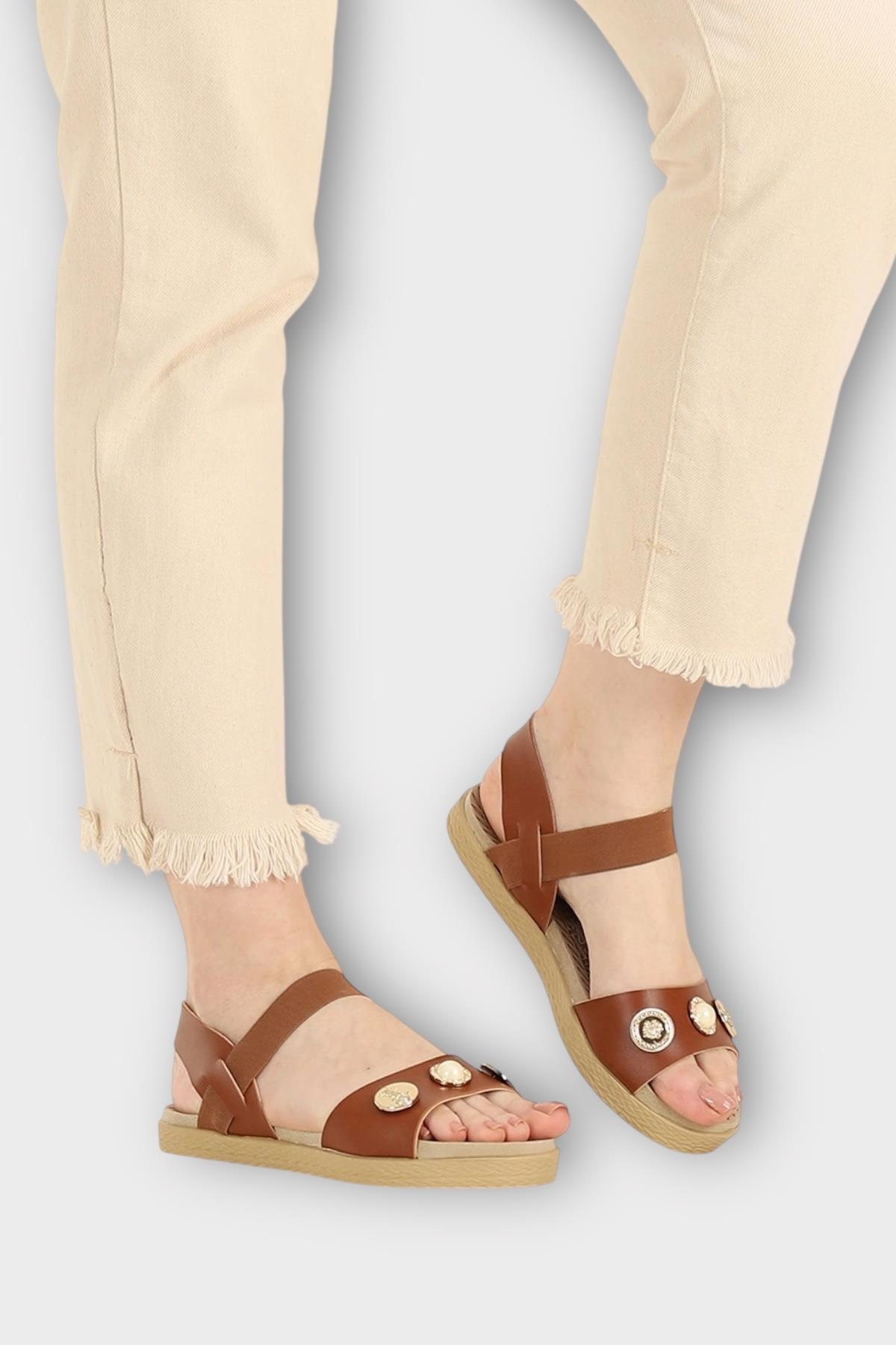 Kadın Tek Bant Aksesuarlı Bilek Lastik Detaylı Sandalet TABA - Görsel 4